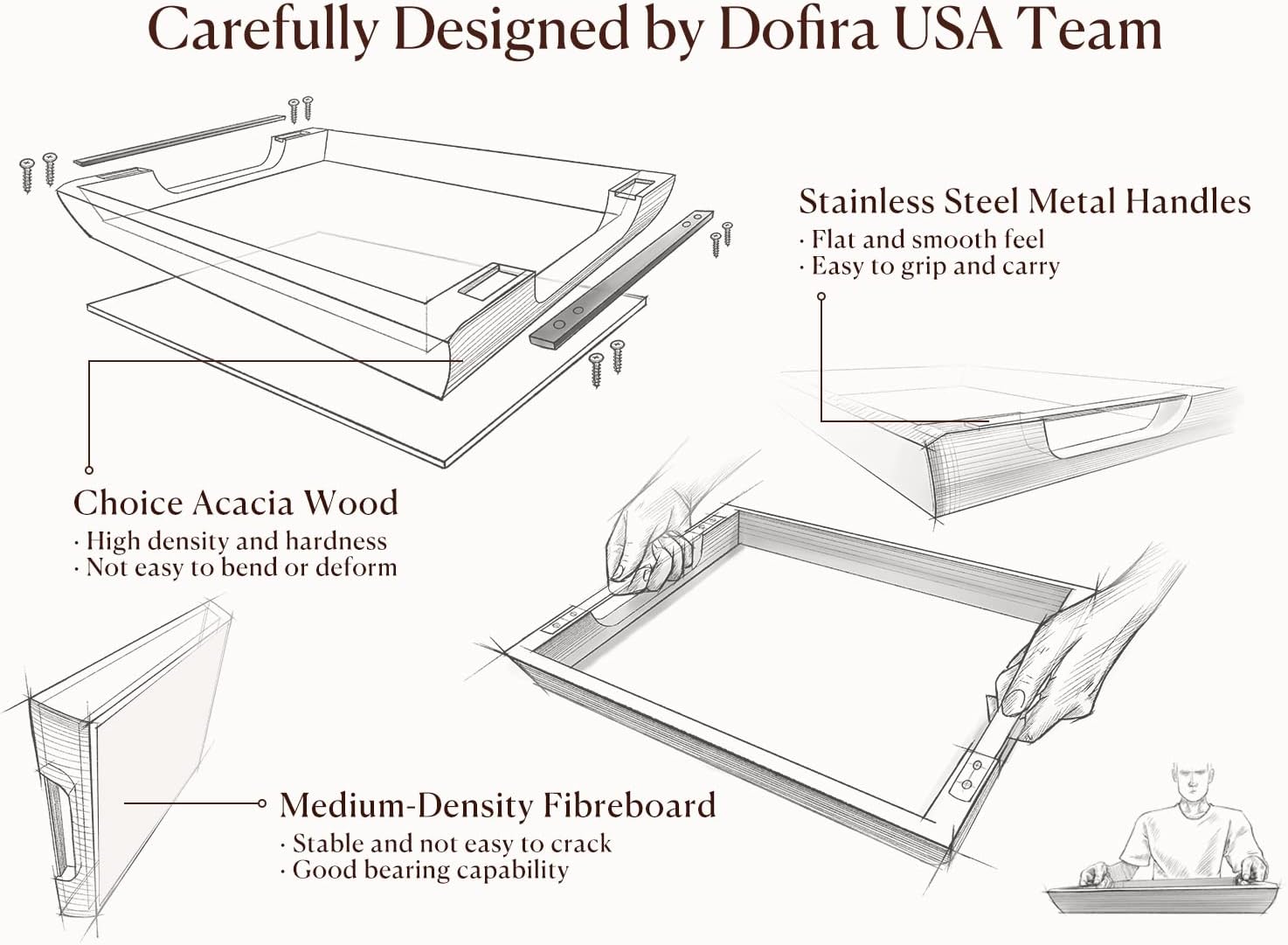 Detalle de Dofira Acacia Wood Serving Tray with Metal Handles (17x13in)