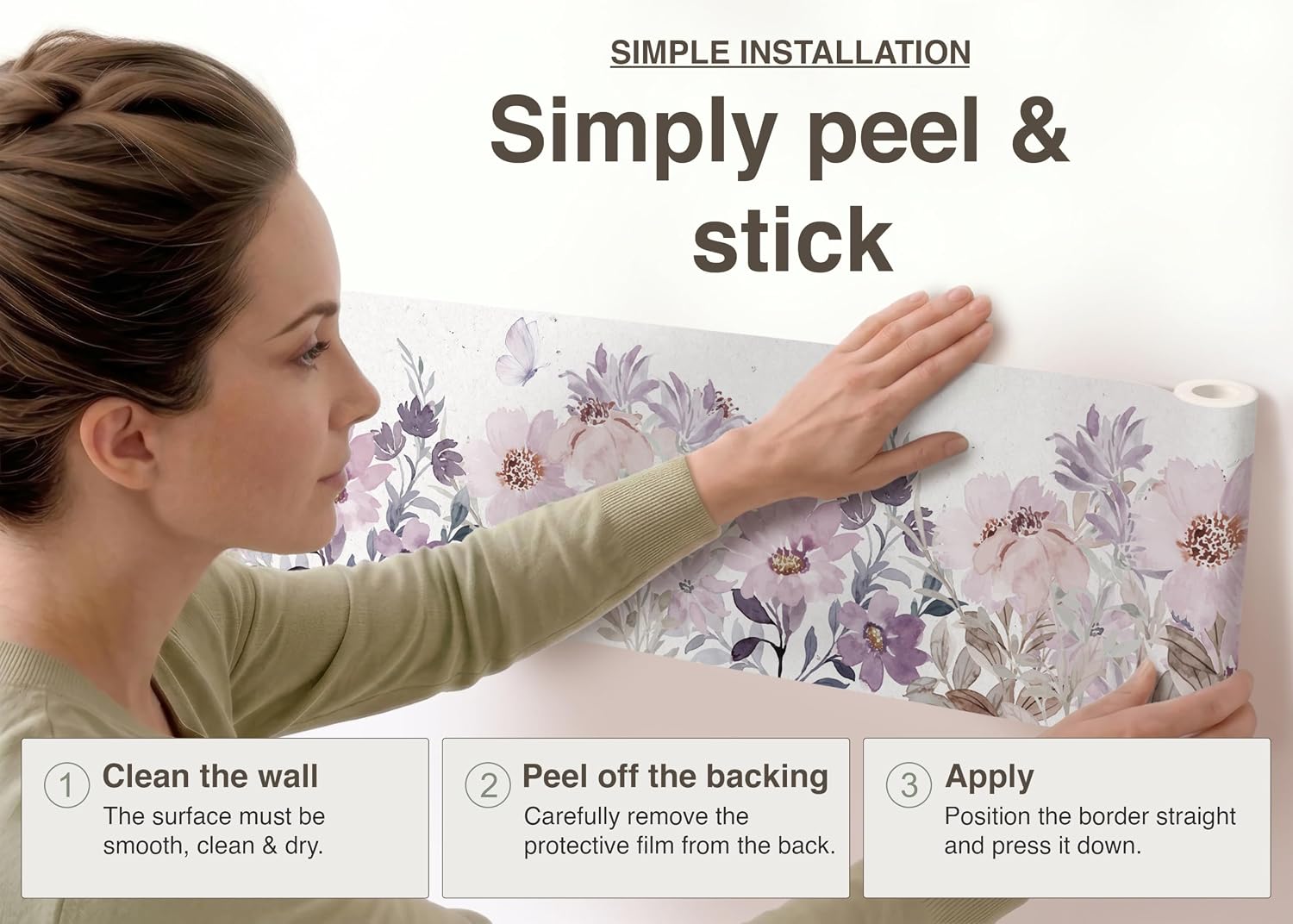 Thumbnail 2 de AG Design AWB 8482 Self-Adhesive Wall Border, Purple Watercolour Blossom, Waterproof