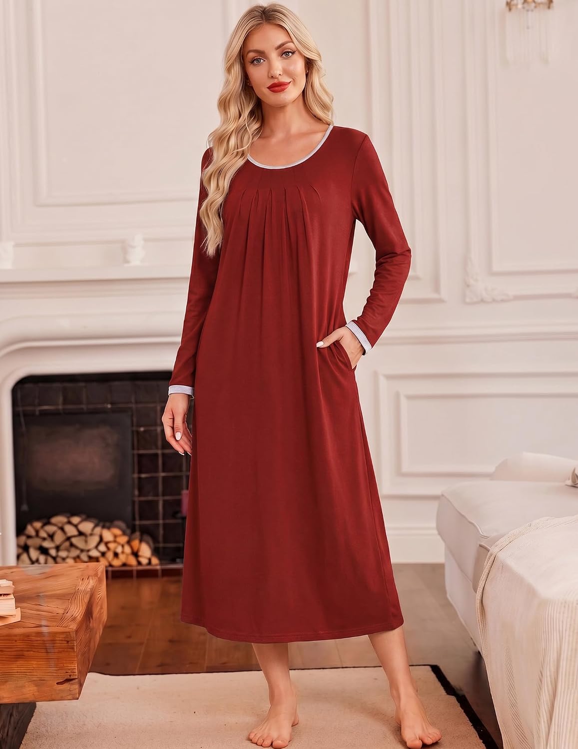 Detalle de Ekouaer Long Sleeve Nightgown for Women, Full-Length Sleep Dress with Pockets