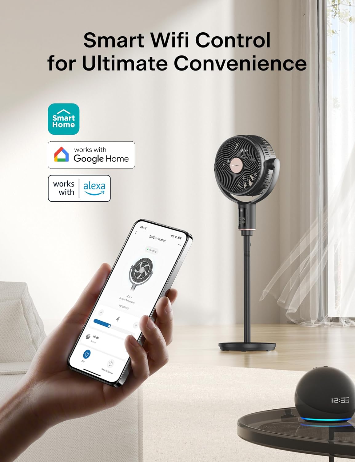 Detalle de PELONIS Smart Pedestal Fan with 9+7 Dual Blades, DC Motor and App Control