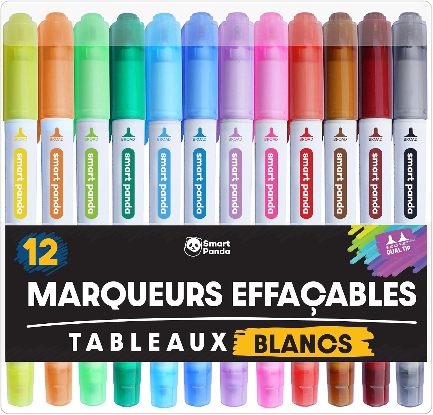 Smart Panda Feutres tableau blanc 12 couleurs