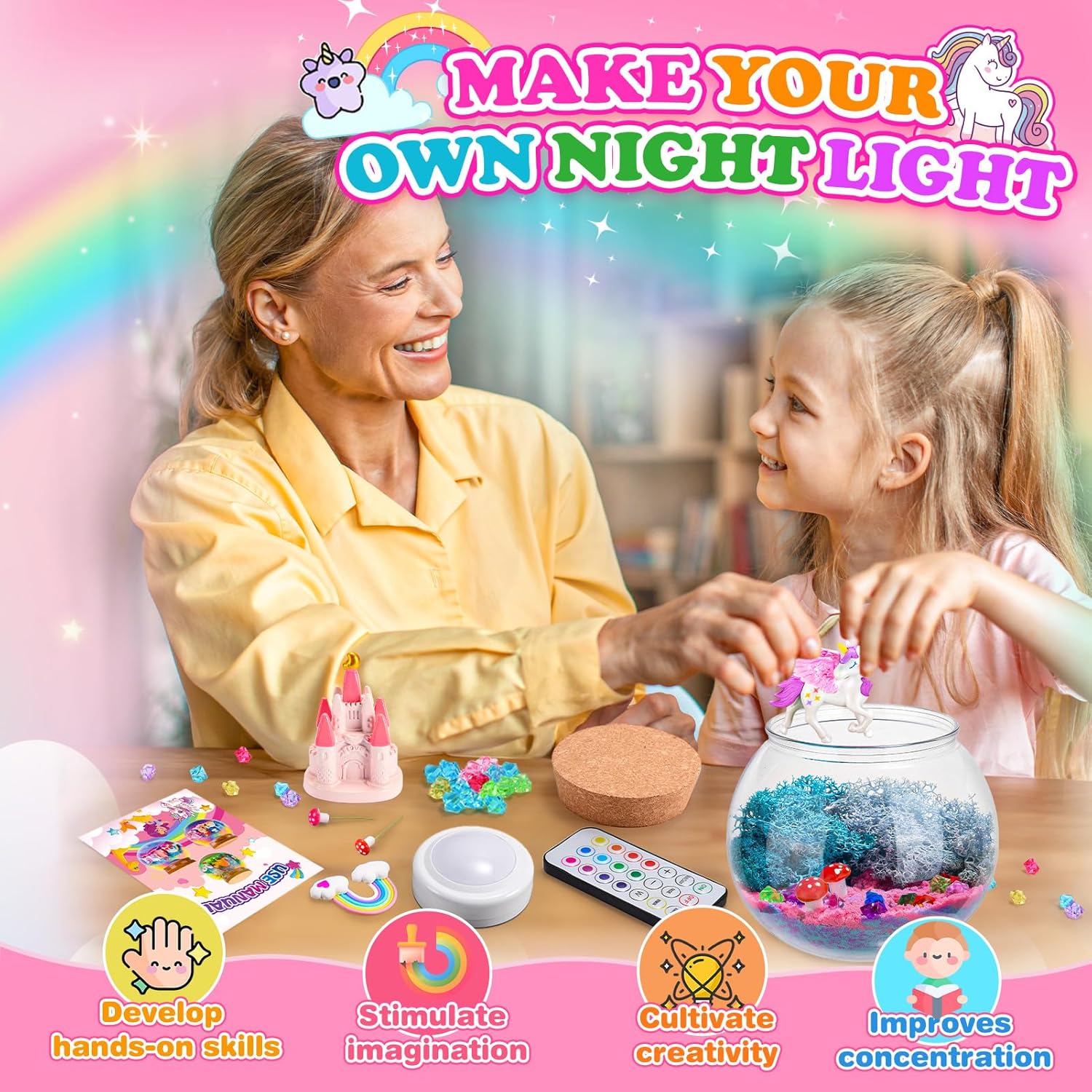 Detalle 2 de HappyGoLucky Unicorn Terrarium Craft Kit with Night Light for Kids (Ages 3–9)