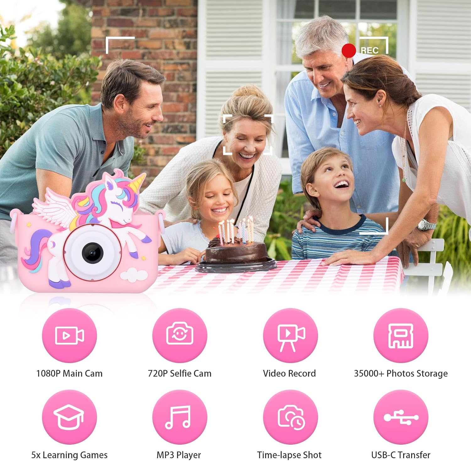 Thumbnail 1 de Envyvip X5 Kids' Digital Camera, Pink, 1080p Video and 32GB SD Card