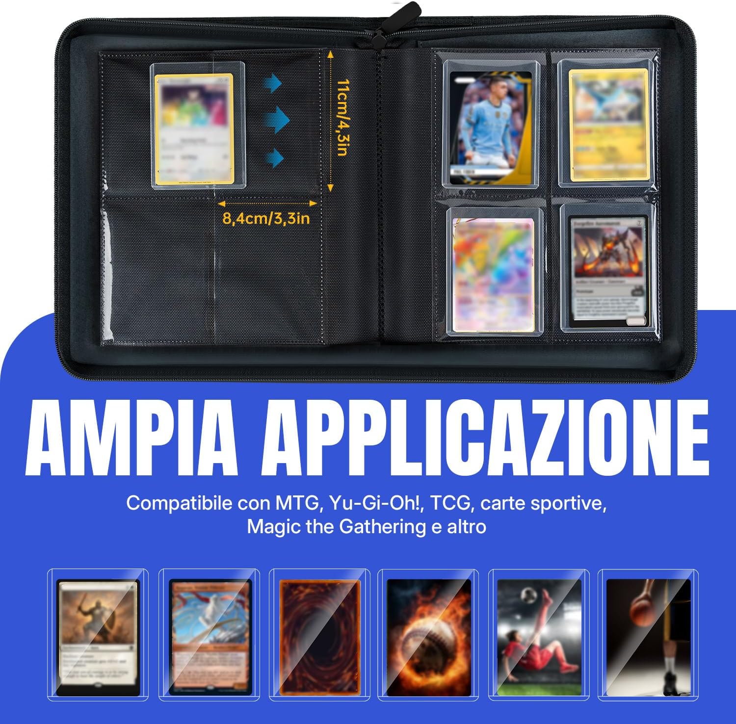 Thumbnail 3 de Tolesum Toploader Album carte collezionabili 112 slot, 4 tasche/pagina, 10 Toploader inclusi – custodia in PU blu