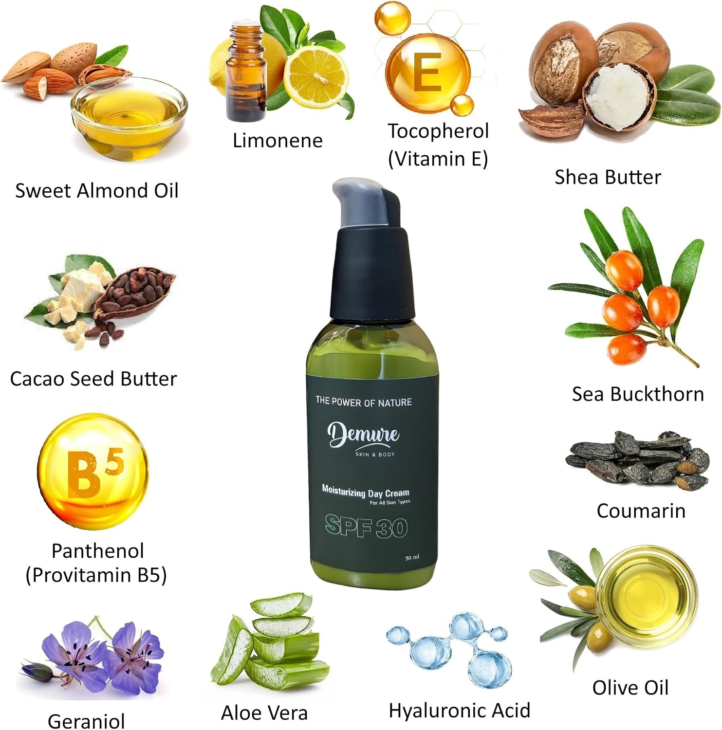 Detalle 2 de Demure Day Cream SPF30 con Acido Ialuronico e Oli Vegetali – Idratazione quotidiana e protezione