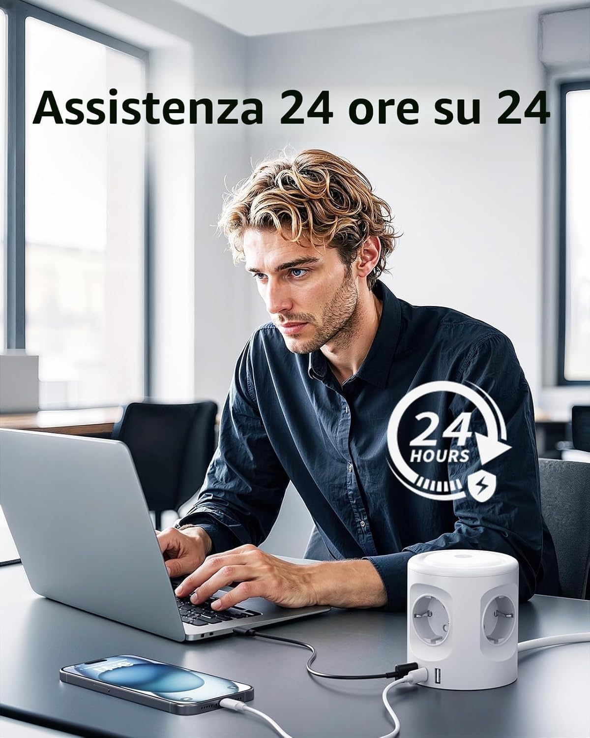 Detalle de 3M Ciabatta multipresa con luce, 4 prese e 3 USB (USB-C + USB-A) con interruttore, 16A, cavo 3 metri