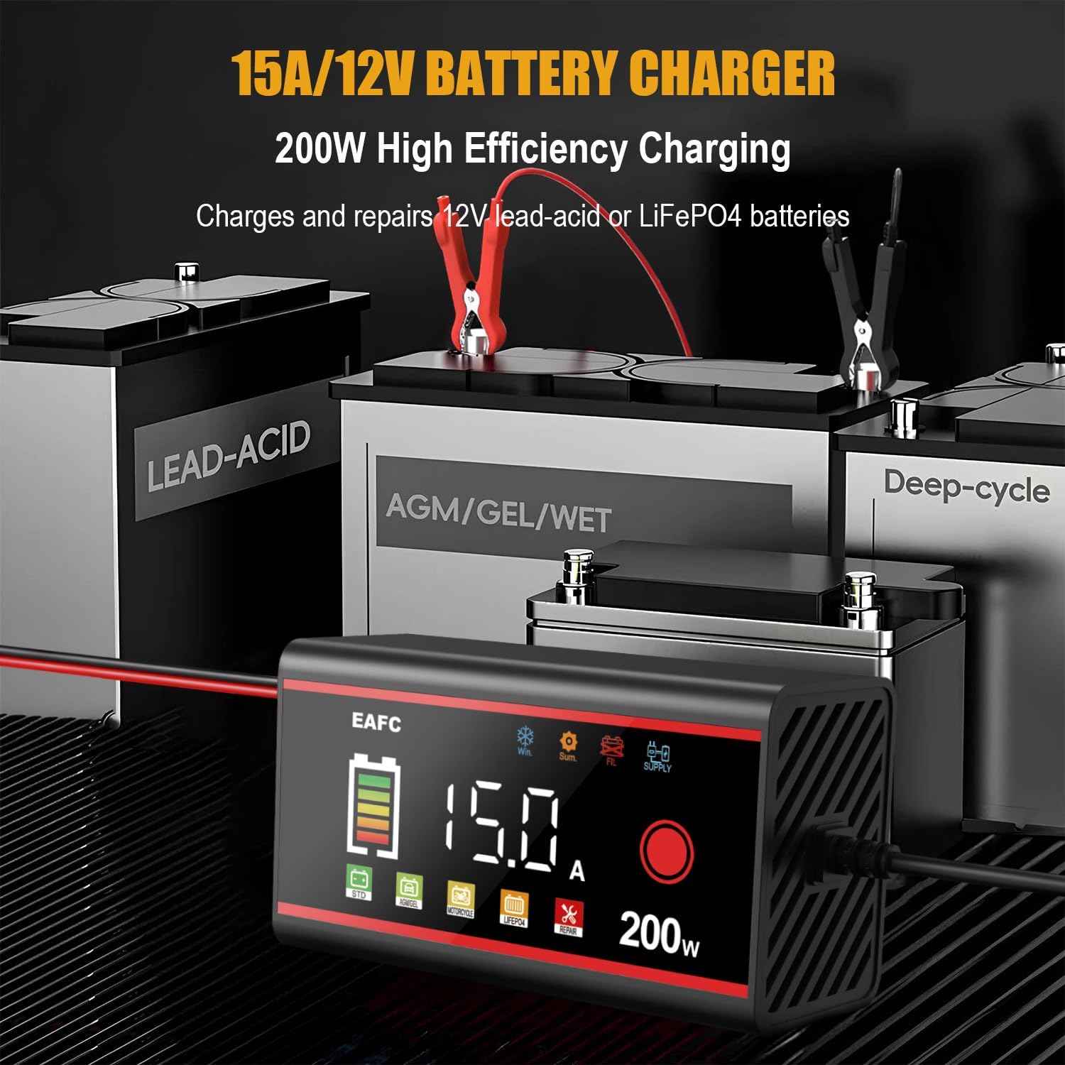 Thumbnail 4 de EAFC 15Amp Car Battery Charger 200W with Pulse Repair and LCD Display