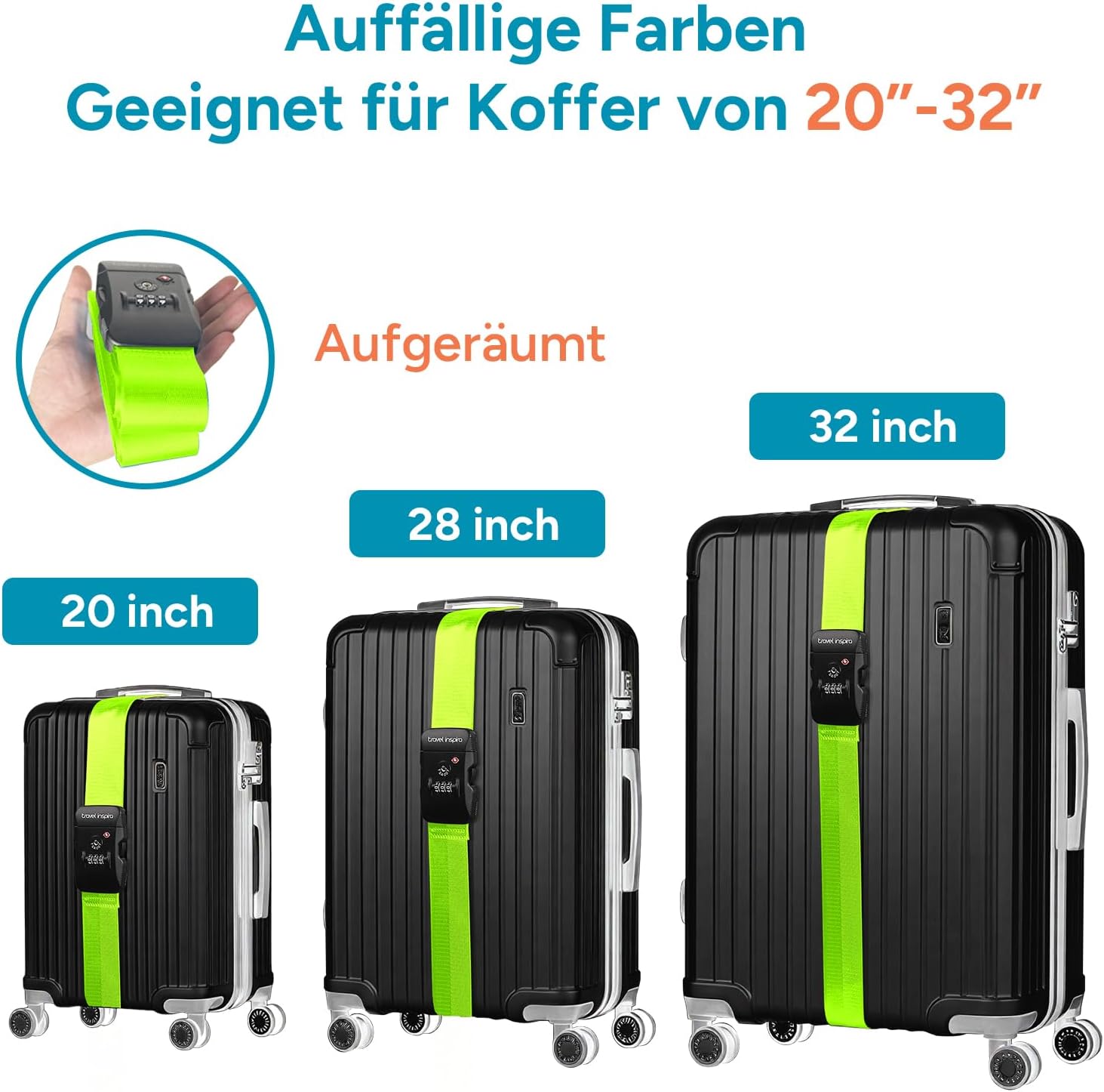 Detalle de Travel Inspira TSA-Kofferband Neon Grün – verstellbar 103–200 cm, Kofferband mit Zahlenschloss für 20–32 Zoll Koffer