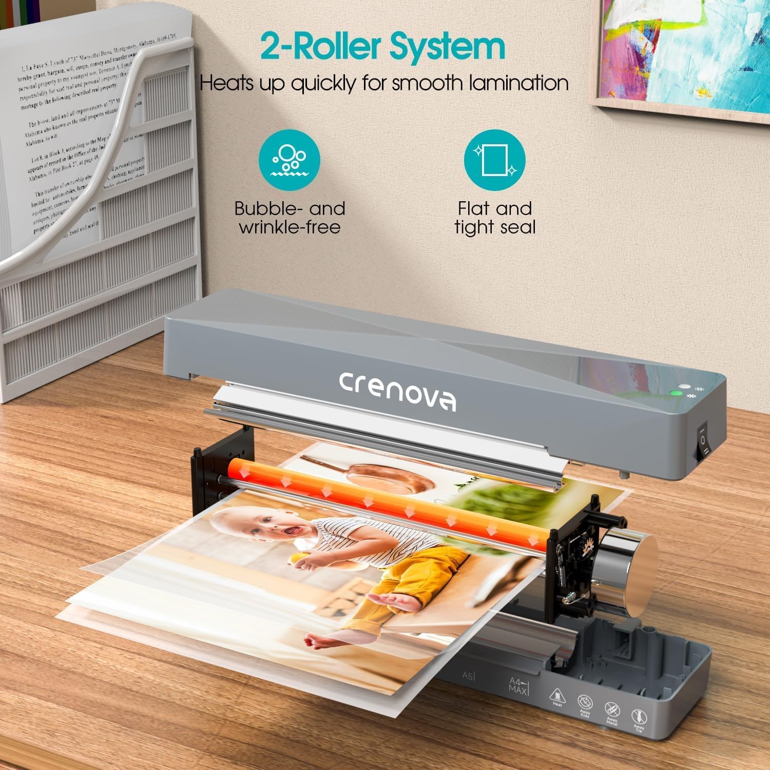 Detalle 2 de Crenova A4 Laminator Machine: Hot & Cold Laminator with Fast Warm-Up and ABS Anti-Jam