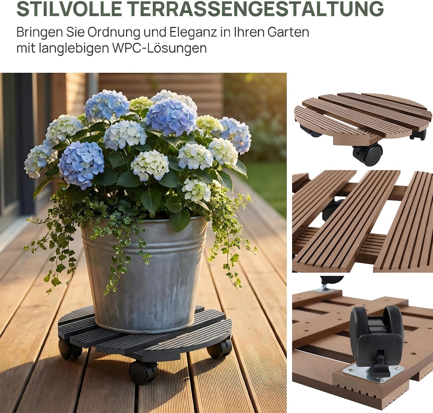Detalle de Suusolny suu08611 WPC-plantenroller, vierkant 30 x 30 cm met 360°-wielen en rem