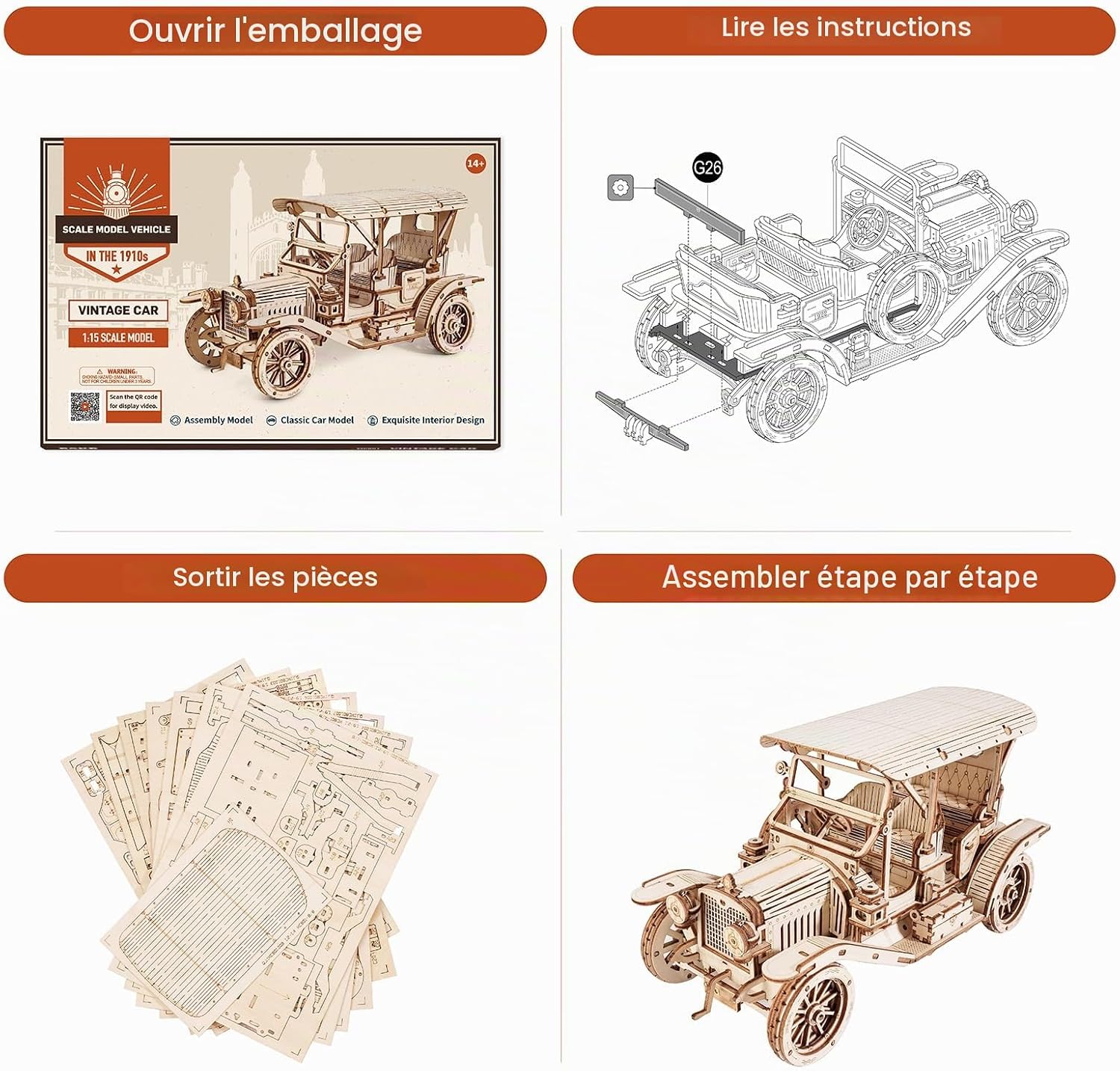 Thumbnail 6 de ROBOTIME ZQRT-MC801 houten 3D-puzzel: mechanische vintage auto