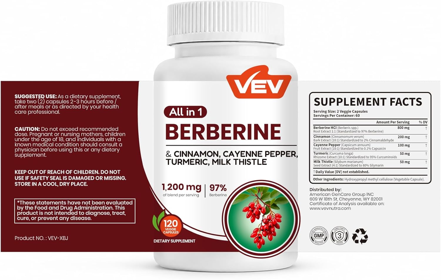 Detalle 2 de VEV Berberine Supplement, 120 Capsules