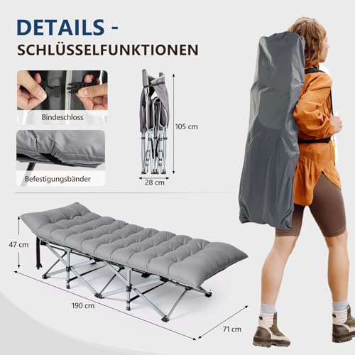 Detalle de Bonnlo Feldbett klappbar mit Matratze – XXL Campingbett aus Stahlrahmen und Oxford-Gewebe, 190 × 71 × 36 cm, Grau