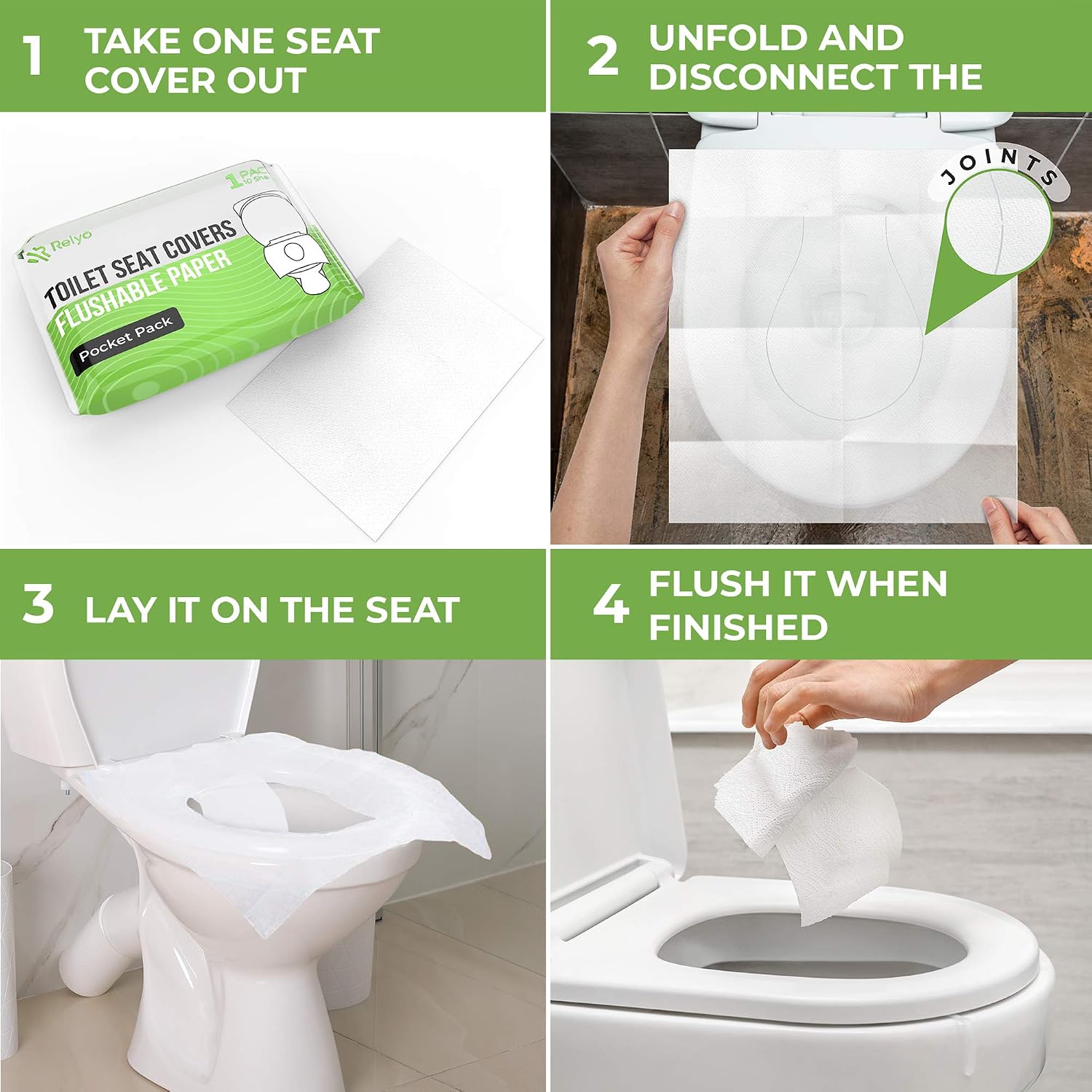 Detalle 2 de Relyo Toilet Seat Cover Paper Flushable (50 Pack) – XL, Biodegradable & Travel-Ready