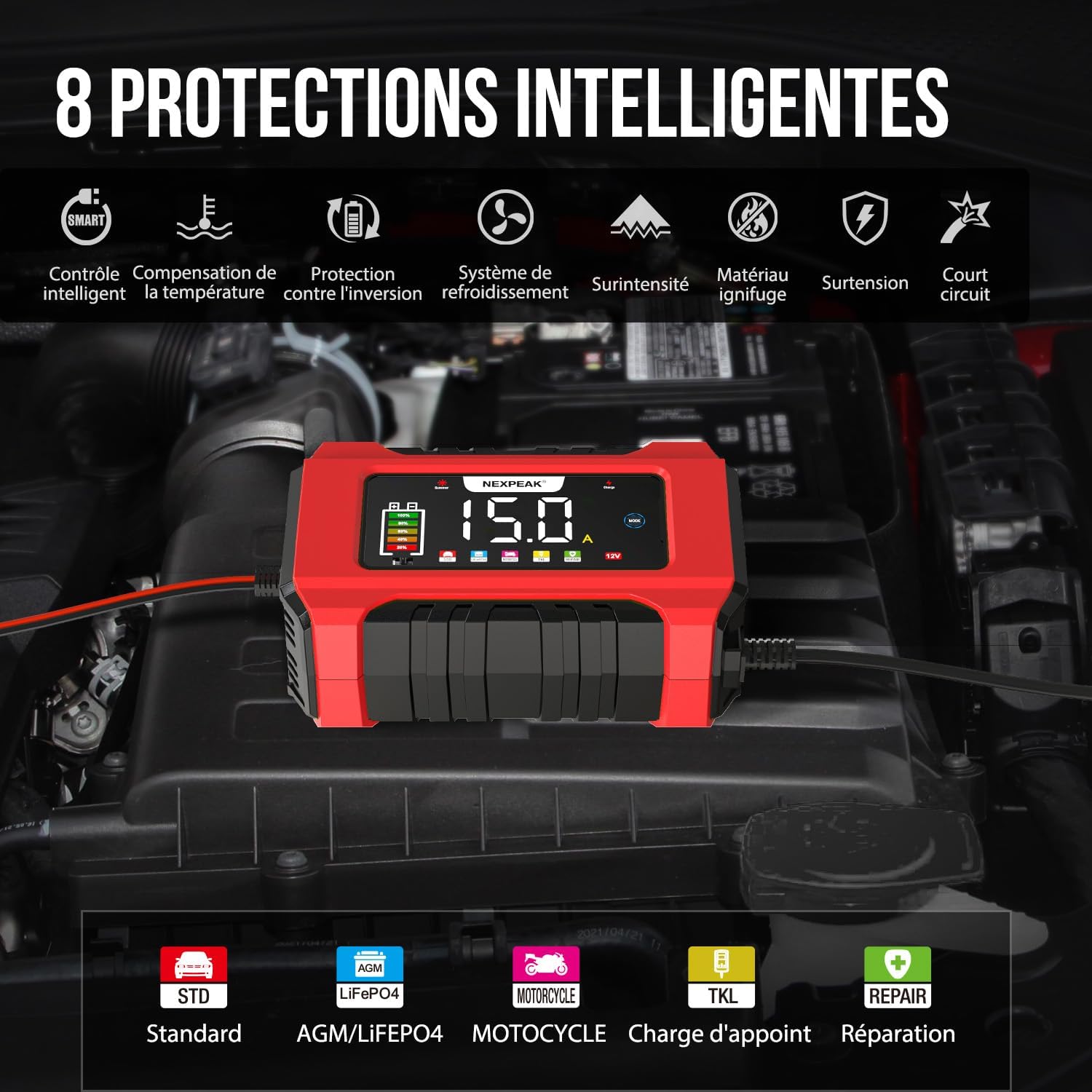 Detalle de Chargeur de Batterie de Voiture 12V/24V 15A/8A intelligent — LiFePO4 et Plomb-ACID