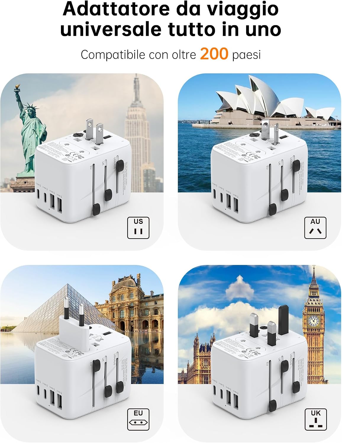Detalle 2 de NOVOO Adattatore universale da viaggio PD 21W con 2 USB e 2 C 🔌