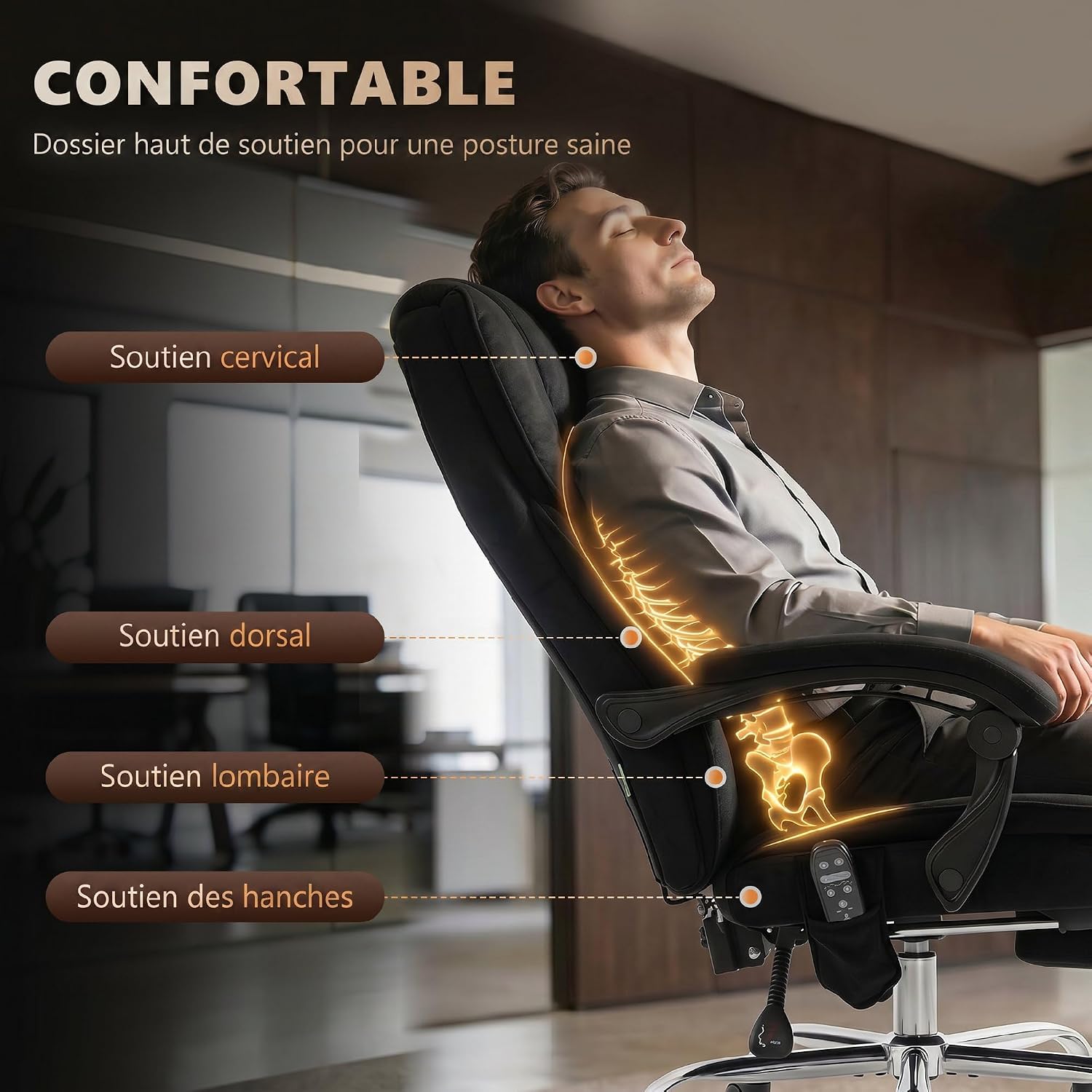 Detalle de Vinsetto Fauteuil de Bureau Massant et Chauffant – Ergonomique, Réglable et Dossier Inclinable