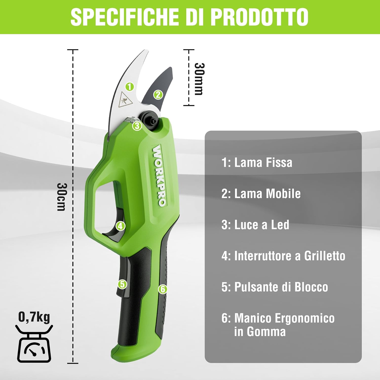 Thumbnail 6 de WORKPRO Forbici potatura elettriche 7,2V, taglio 19mm ✂