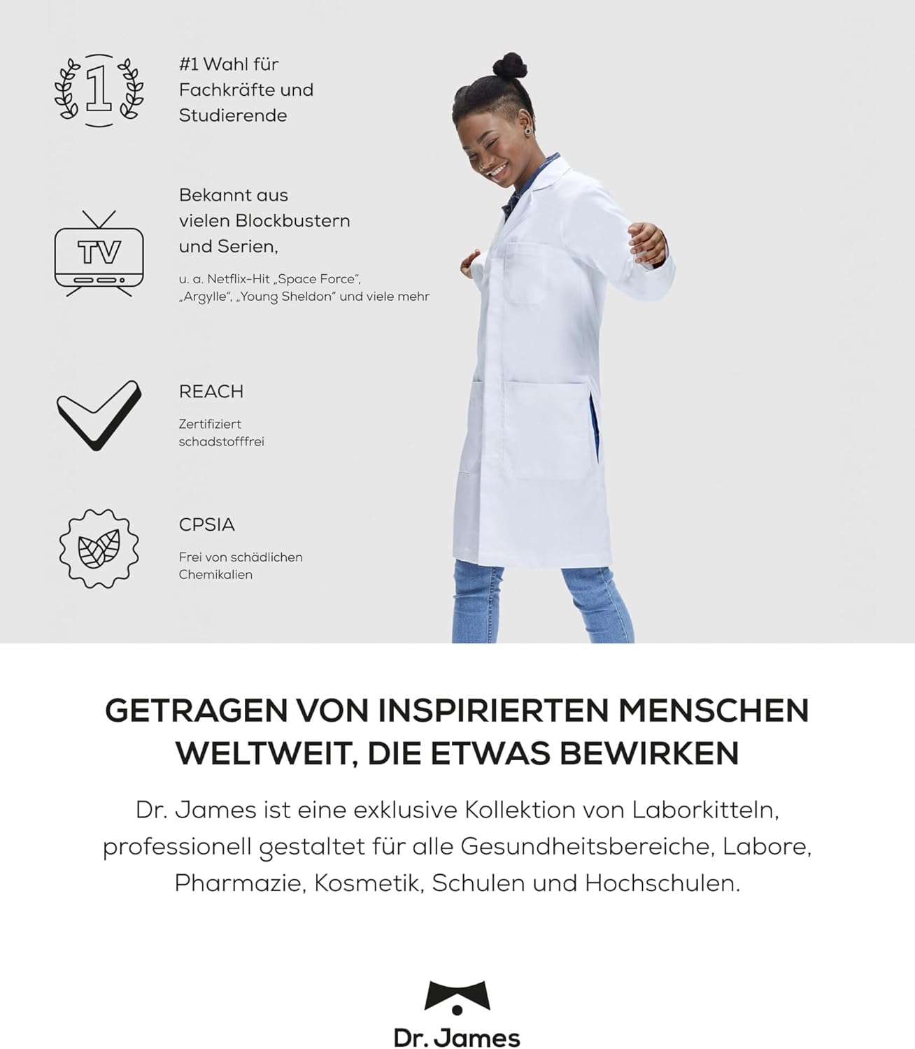 Detalle de Dr. James Laborkittel Damen: 100% Baumwolle, Regular-Fit, OEKO-TEX zertifiziert