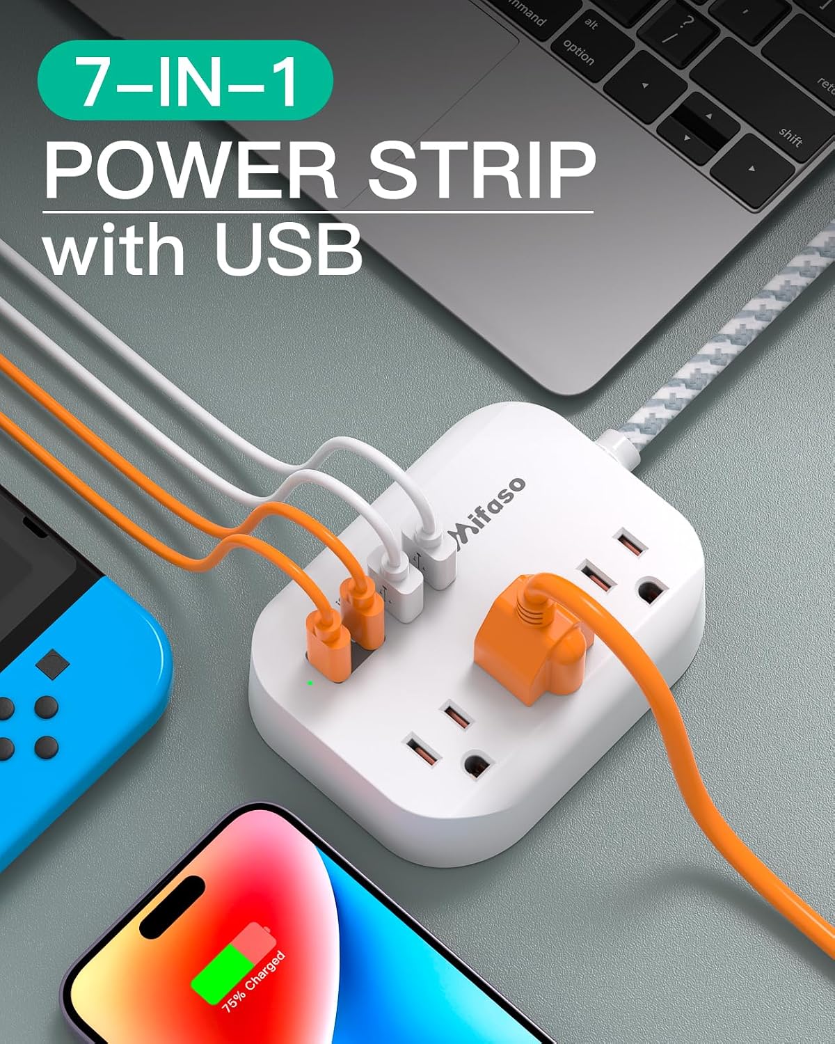 Detalle 2 de Mifaso TH8056 Power Strip with USB-A and USB-C, 5-Ft Flat Cord