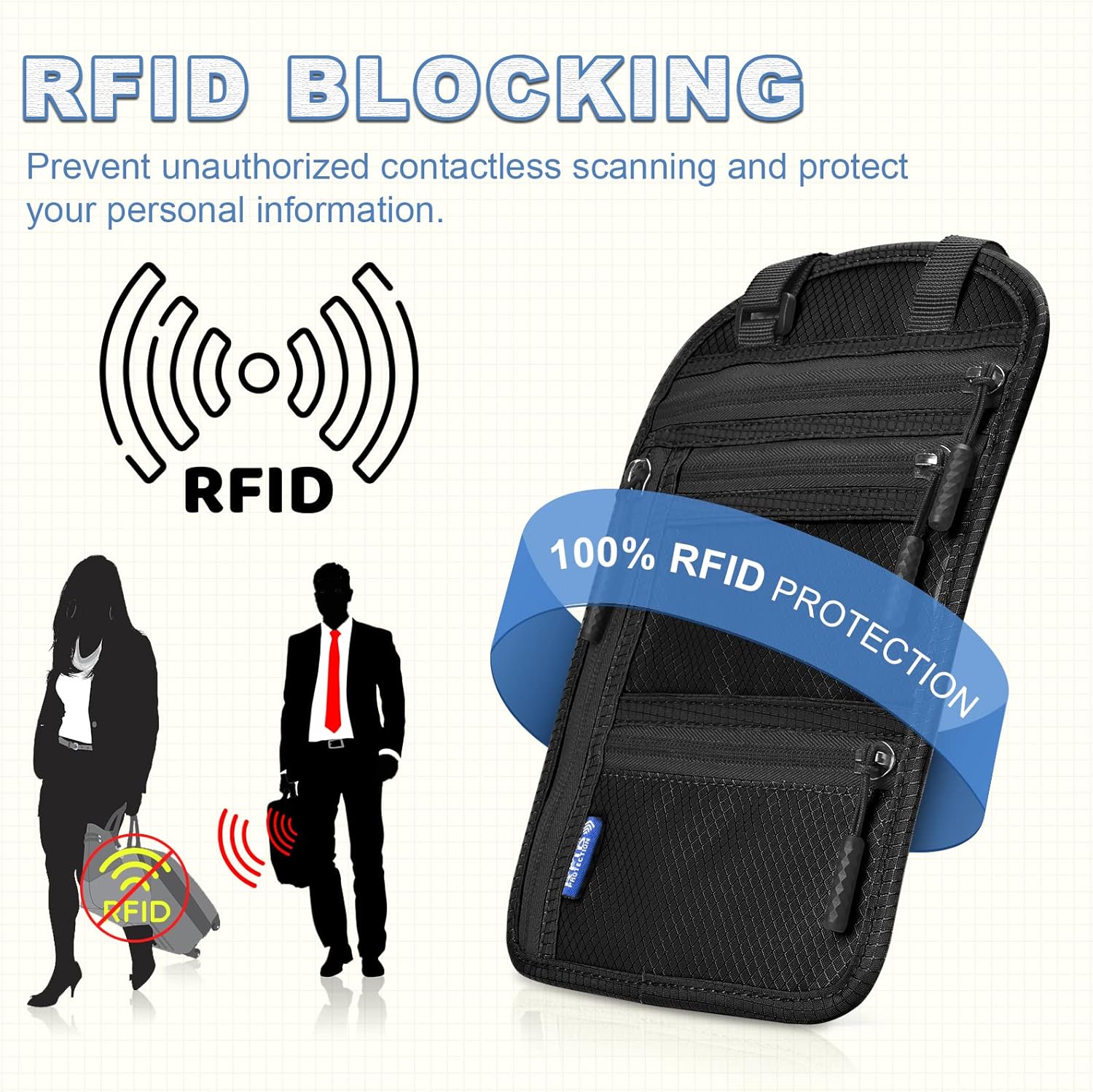 Thumbnail 2 de Yordawn Brustbeutel / Brusttasche mit RFID-Schutz und verstellbarem Halsriemen (Dunkelschwarz) – wasserdichter Reisegeldbeutel