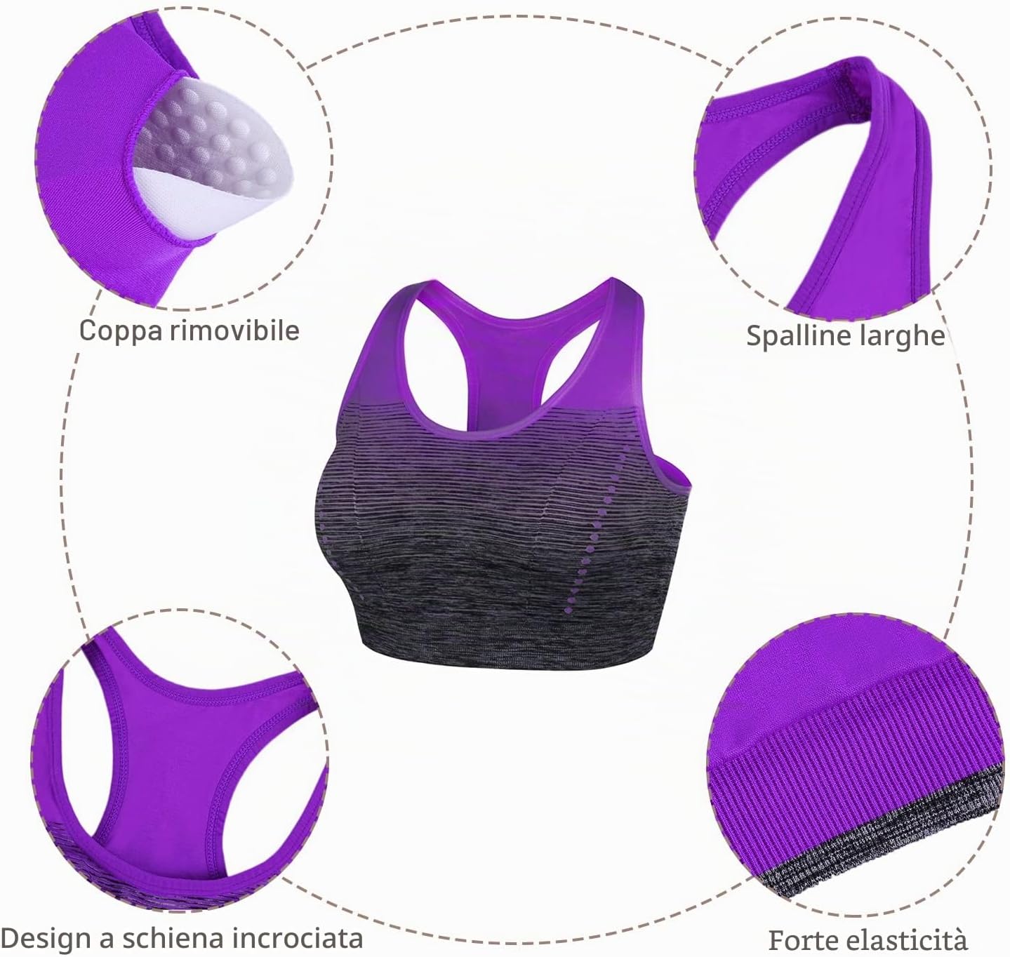 Detalle de Sykooria Donna Reggiseno Sportivo imbottito senza ferretto –supporto medio per palestra e benessere quotidiano (S-XXL)