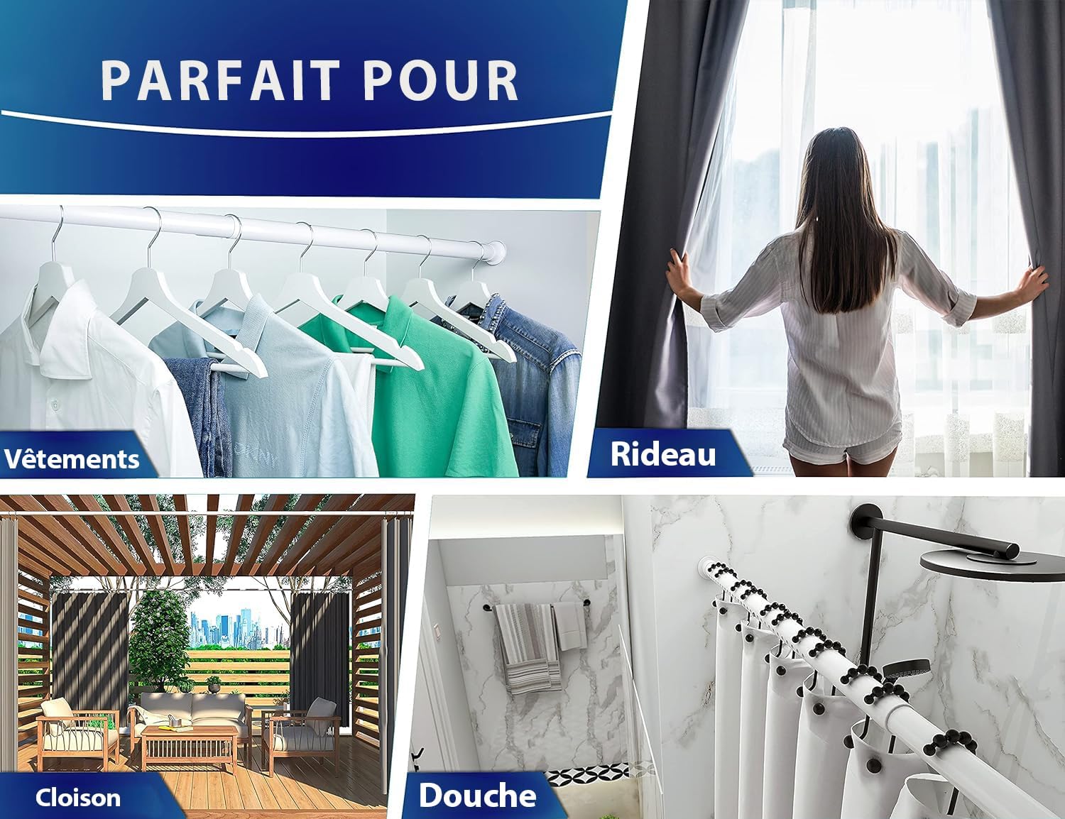 Thumbnail 2 de MEISENBERG Barre de Douche Extensible 310–360 cm, Sans Perçage, Ø32 mm - Blanc