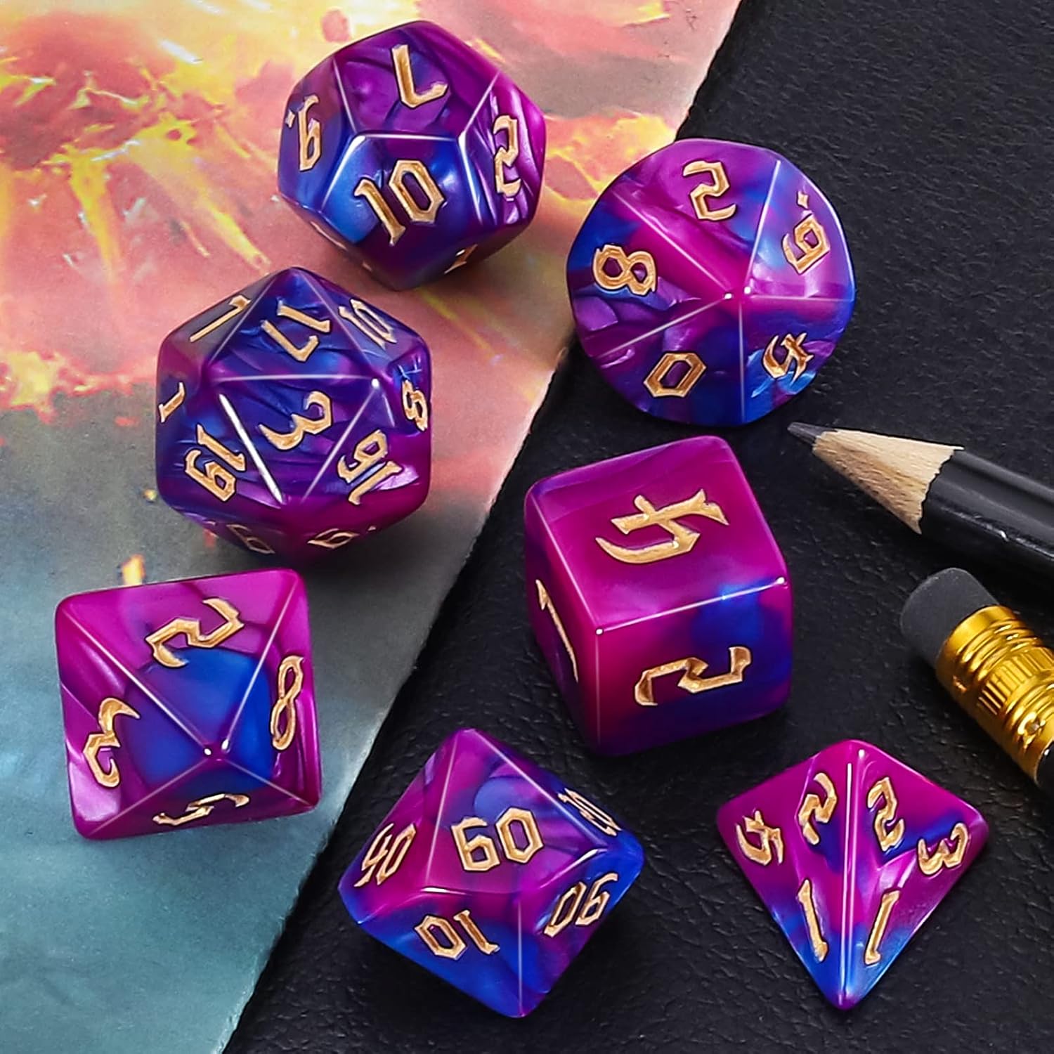 Detalle de QMAY DND Dice Polyhedral Dice Set – 7 pezzi blu viola per D&D, MTG e RPG