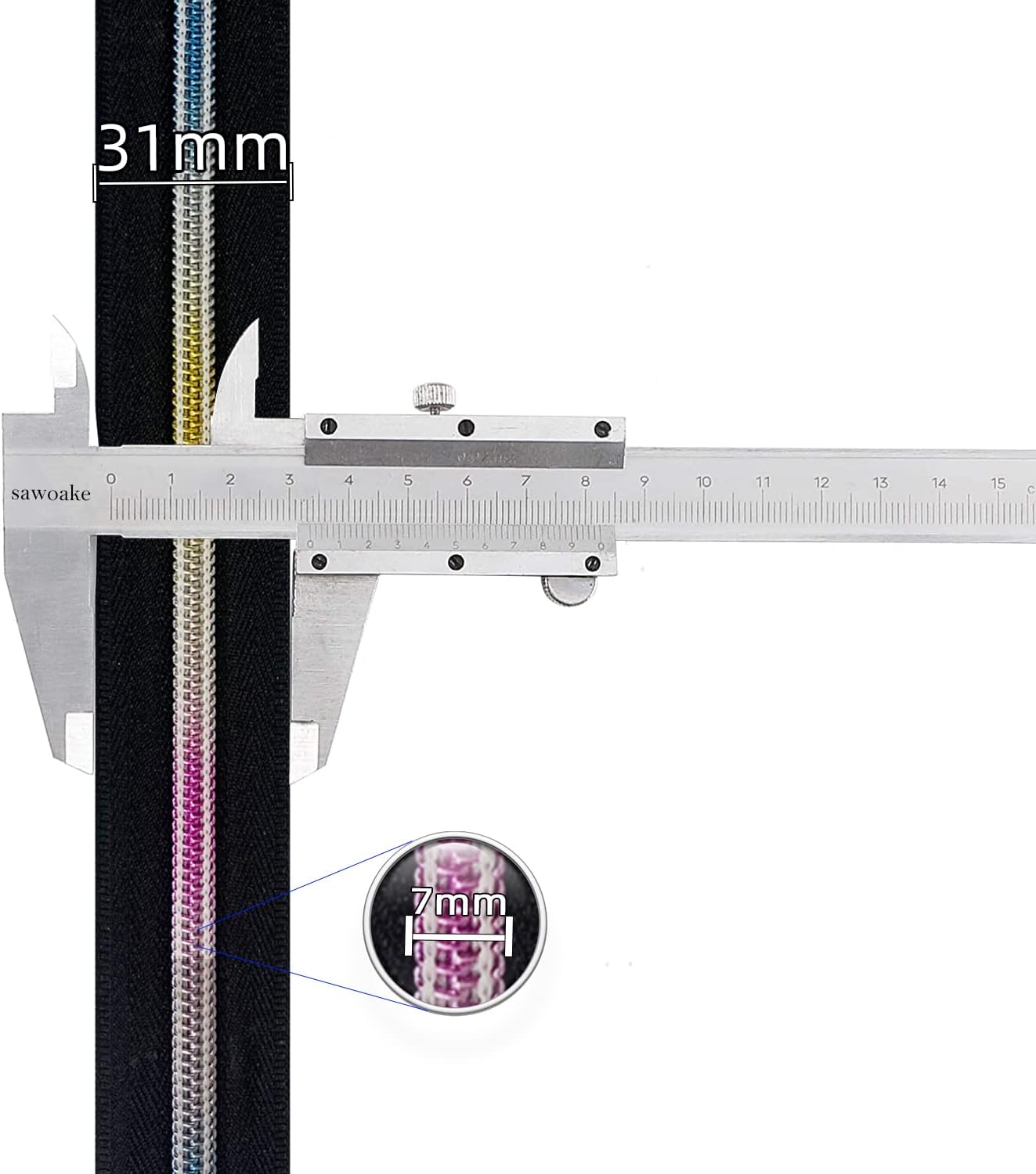Detalle de Sawoake 10-Yard Bulk #5 Nylon Coil Zipper with 10 Sliders – Black with Silver Teeth