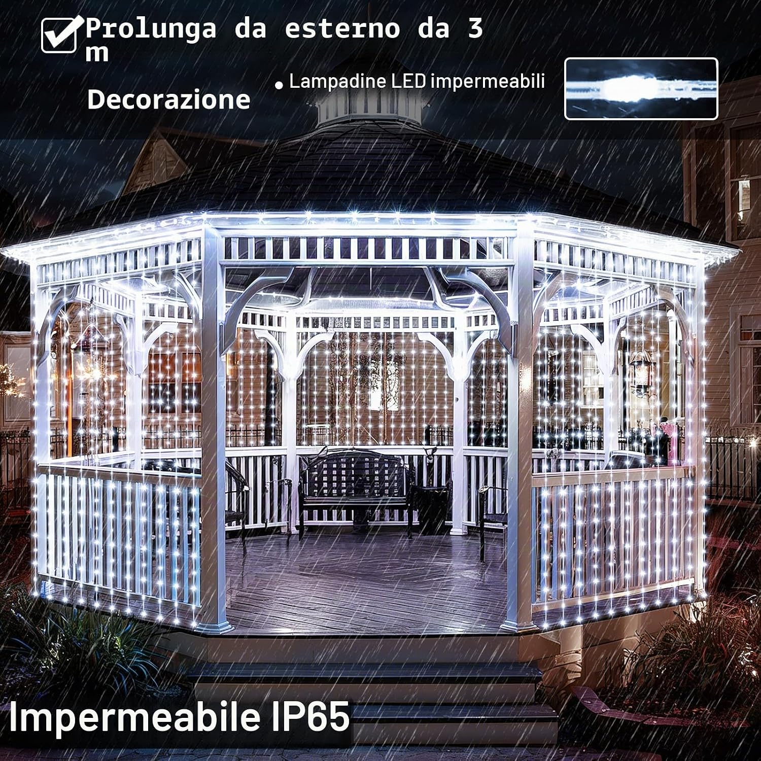 Detalle de GCMacau Ghirlanda di luci a energia solare 6x3 m, 600 LED IP65 con 8 modalità, memoria e timer