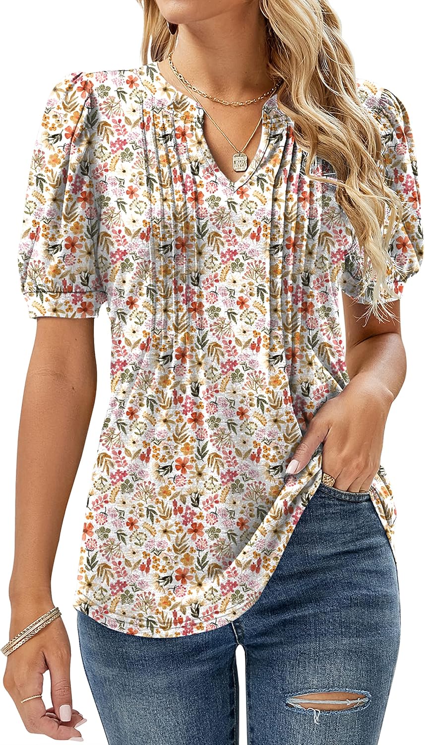 Detalle de EFFAN V Neck Puff Sleeve Floral Top