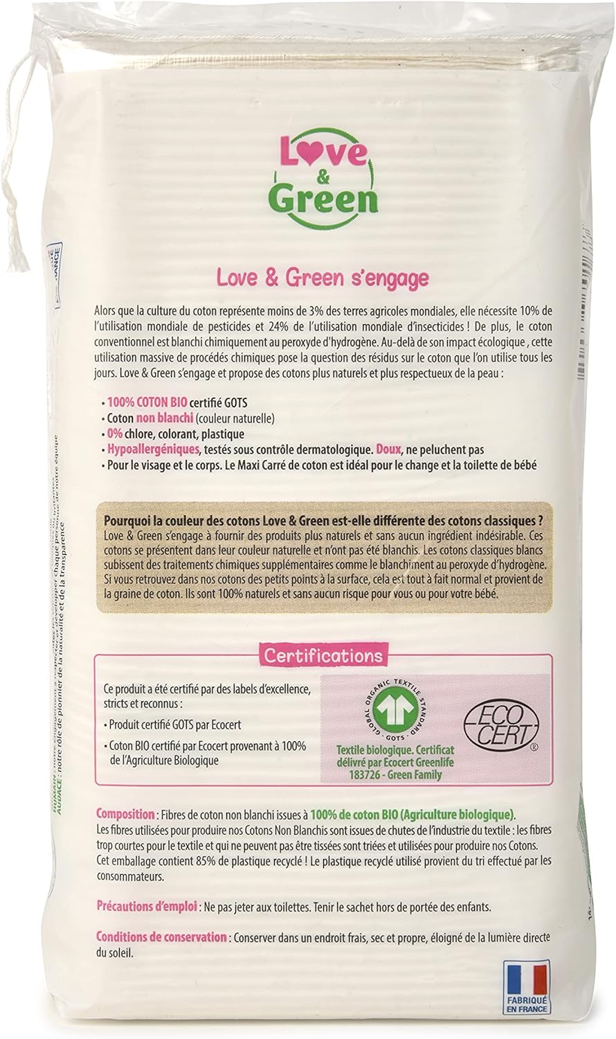 Thumbnail 1 de Love & Green Cotons Maxi Carrés hypoallergéniques 100% bio (x70) – change & toilette bébé, fabriqués en France