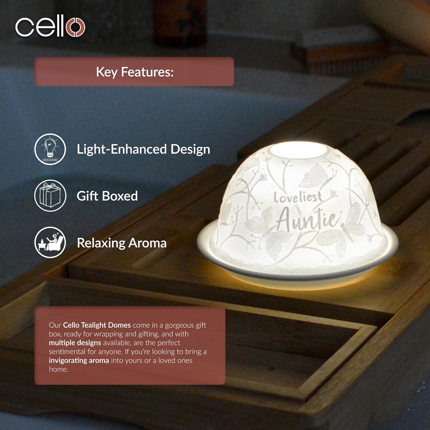 Thumbnail 4 de Cello Porcelain Tealight Holder Dome (Lithophane) – “Loveliest Auntie” 3D projection with warm glow