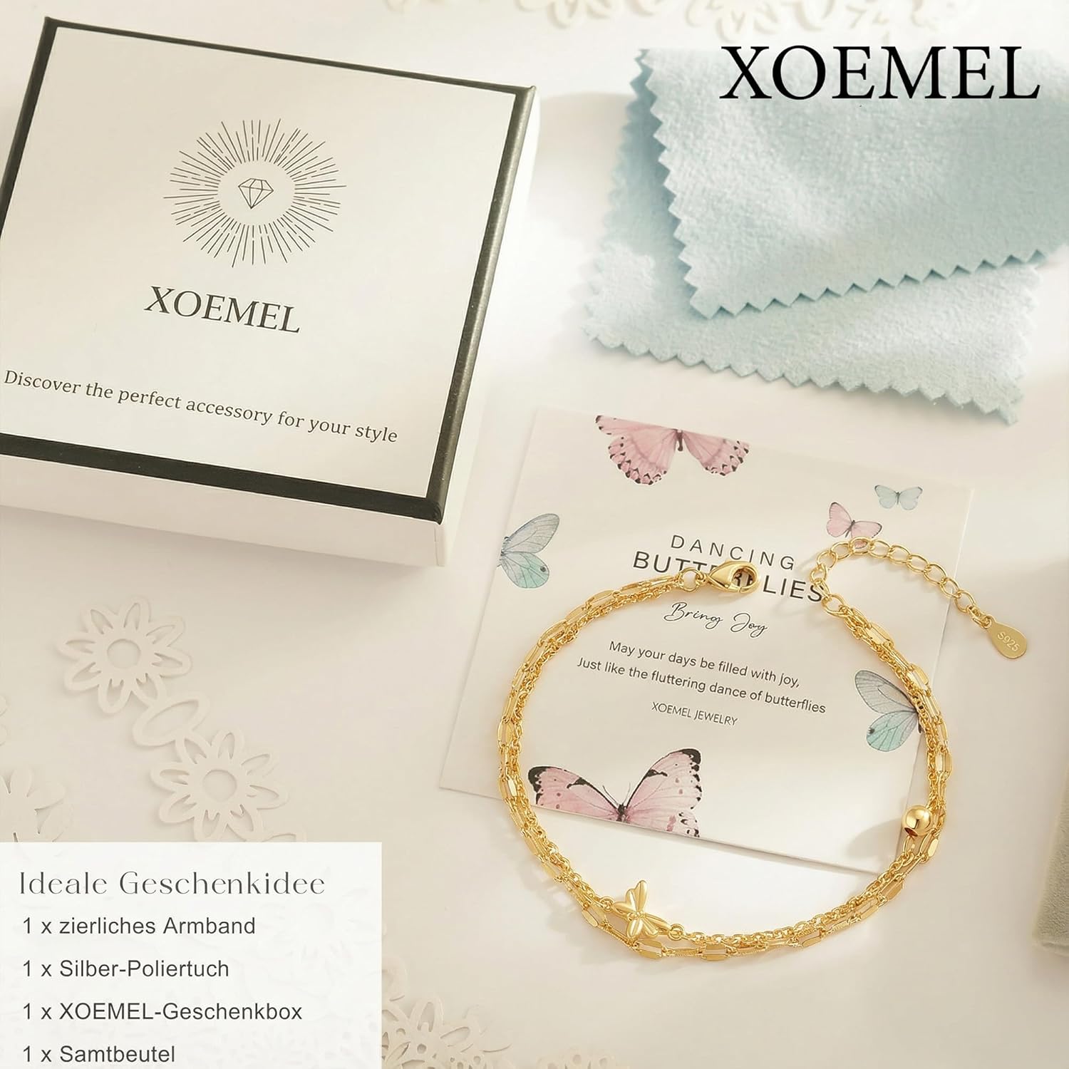 Detalle 2 de XOEMEL Armband Silber 925 für Damen mit Schmetterlings-Design, Rosegold & Perlen, verstellbares Layered Armband