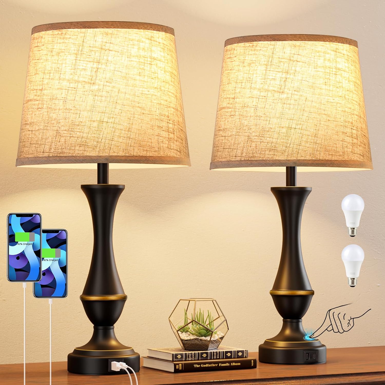 Detalle de Seealle Upgraded Touch Lamps for Night Stands (Set of 2) with USB-C + USB-A, 3-Way Dimmable