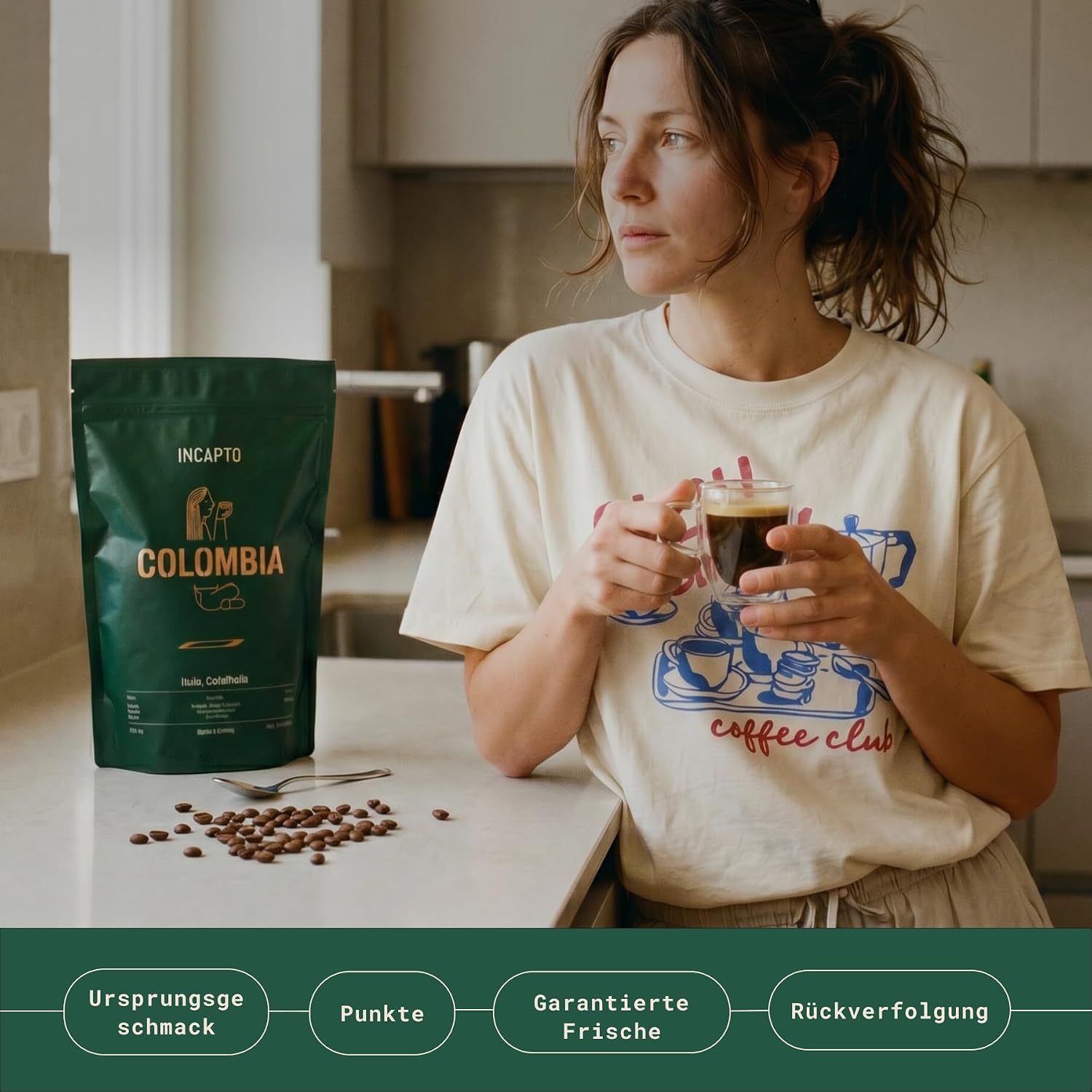 Detalle 2 de Incapto Spezialitäten-Kaffeebohnen Single-Origin Kolumbien (Espresso, 100% Arabica) – Plantage Huila, 1 kg