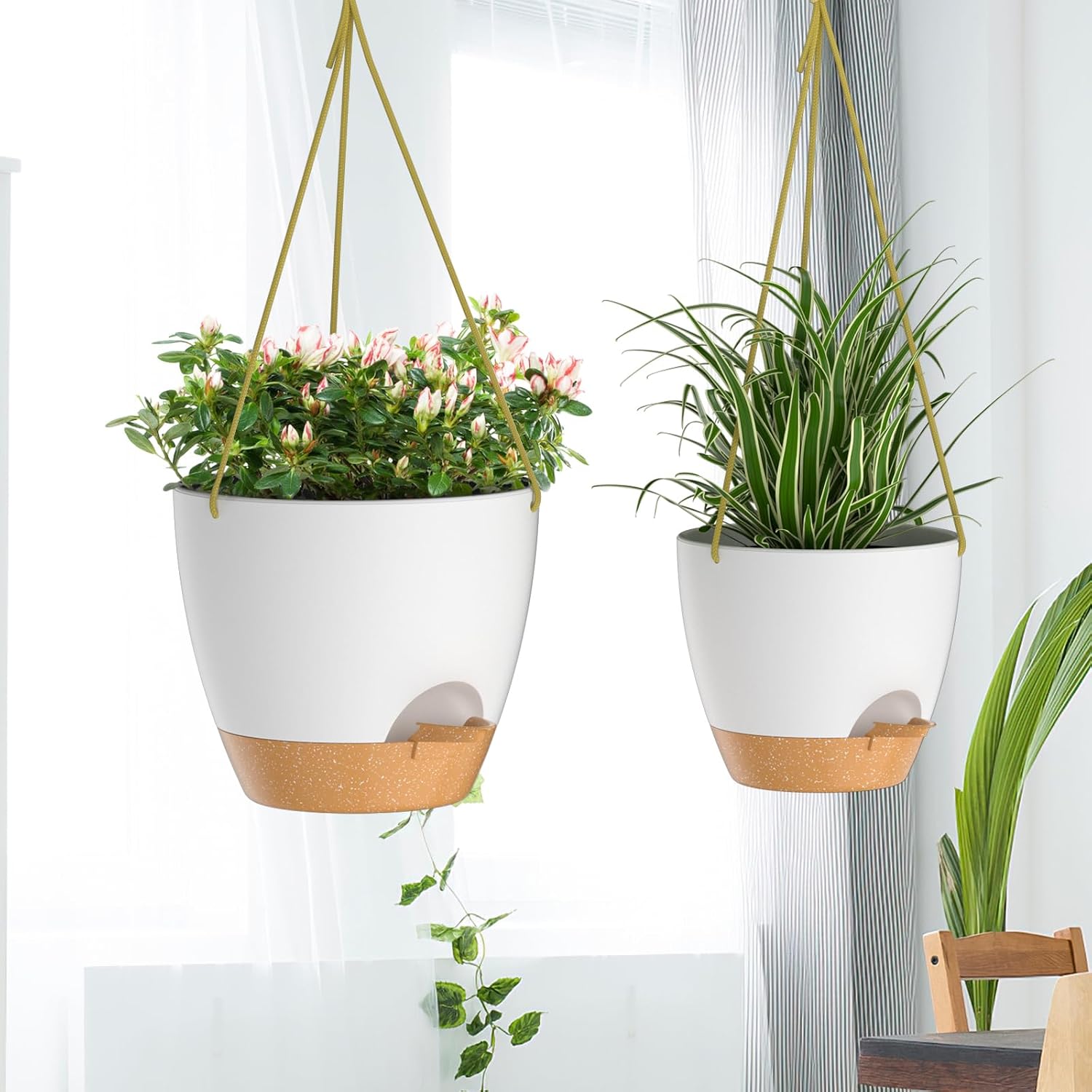 Detalle 2 de ZMTECH 8-Inch Hanging Planters, 2-Pack with Self-Watering Reservoirs, White