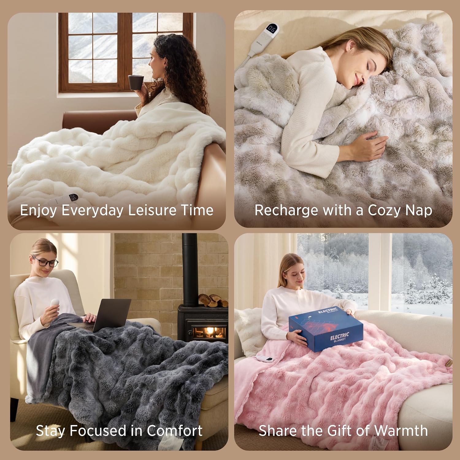 Detalle 2 de Bedsure BS-TH01-S Heated Throw, Coconut White Faux Fur, 6 Heat Levels