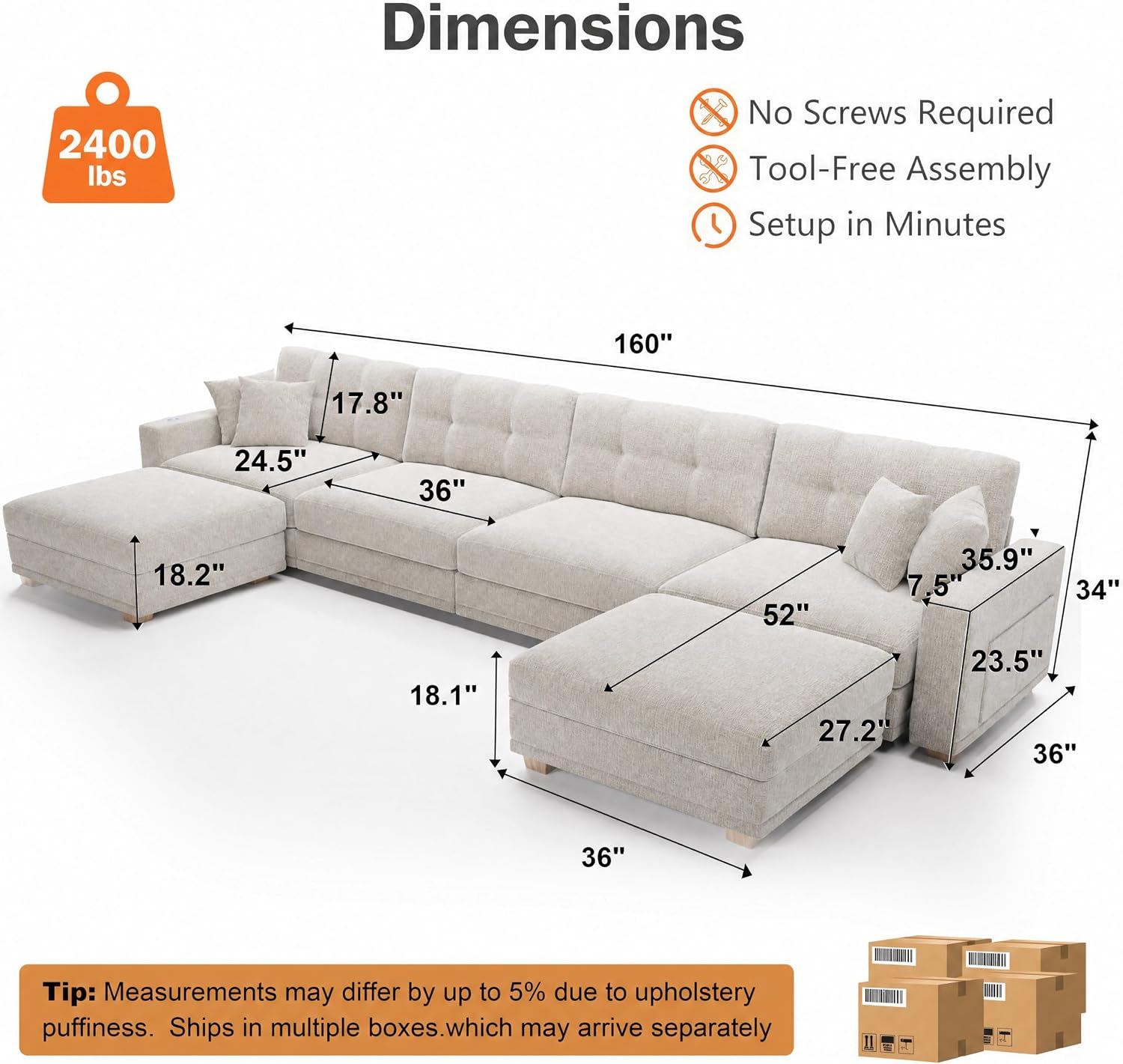 Detalle de Vipbear Modular Sectional Sofa, 160-Inch