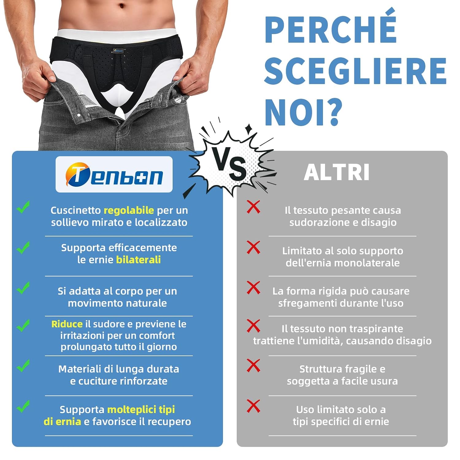 Thumbnail 6 de Tenbon Cintura per ernia XL con cuscinetti rimovibili: supporto discreto e regolabile per uomo e donna
