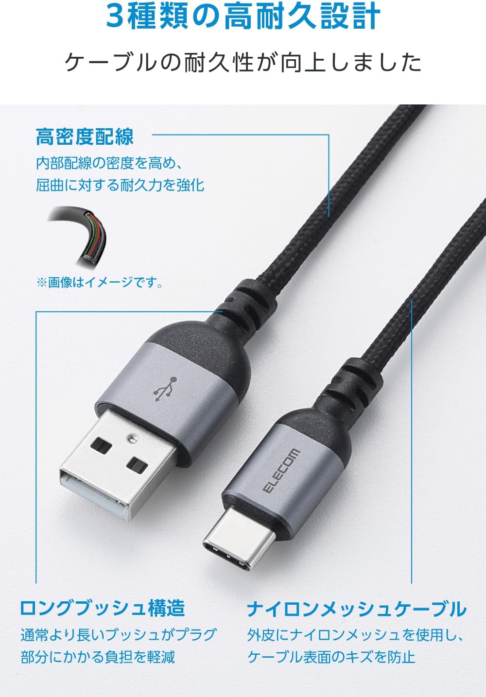 Detalle de エレコム MPA-ACECAN10BK USB-A to USB Type-Cケーブル ナイロンメッシュ・最大15W・1m