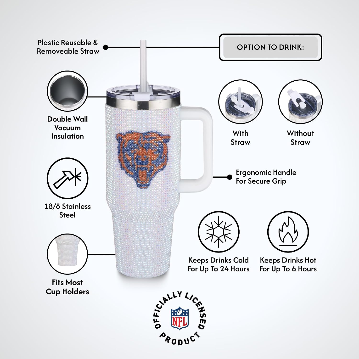 Detalle de The Memory Company Officially Licensed 46oz White Bling Game Day Tumbler (Chicago Bears)