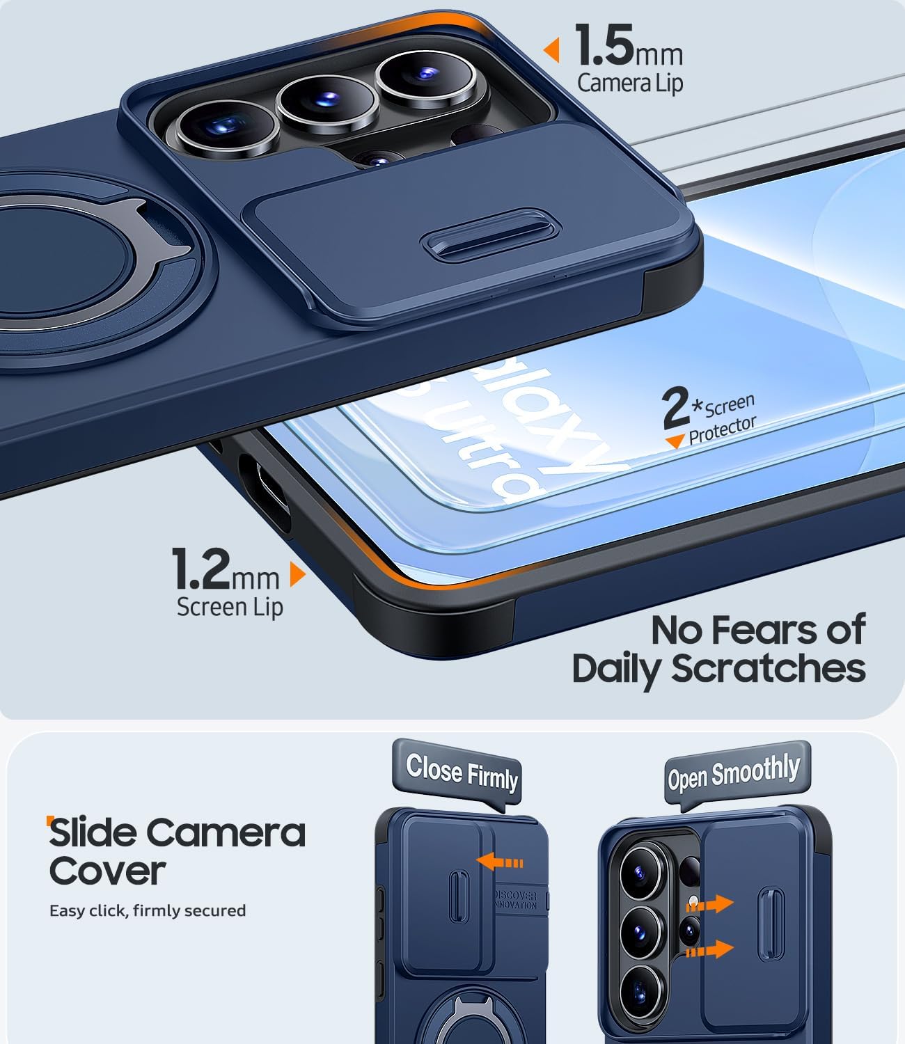 Detalle de AOUIA Samsung S26 Ultra Case with Sliding Camera Cover & 2 Pack Screen Protectors – Blue