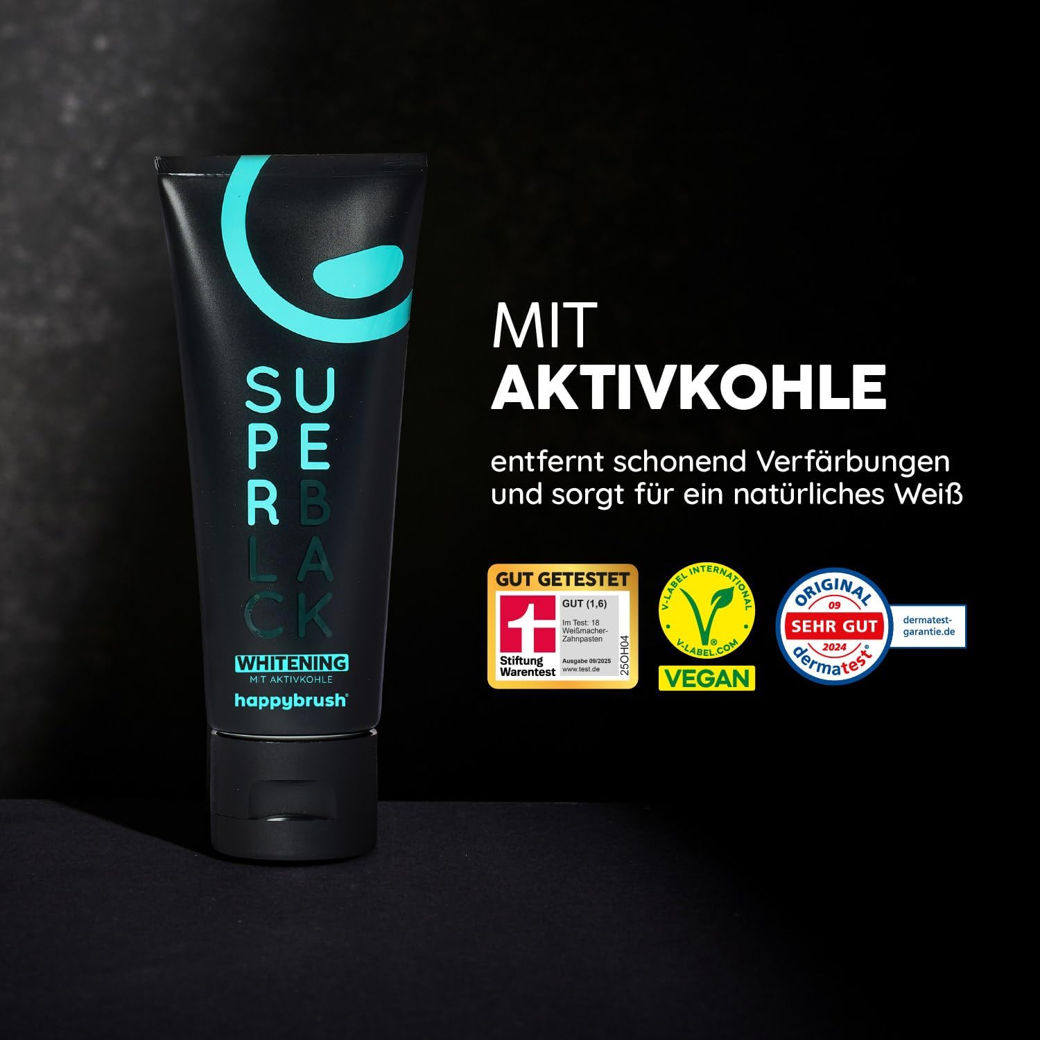 Thumbnail 1 de happybrush SuperBlack Aktivkohle Zahnpaste