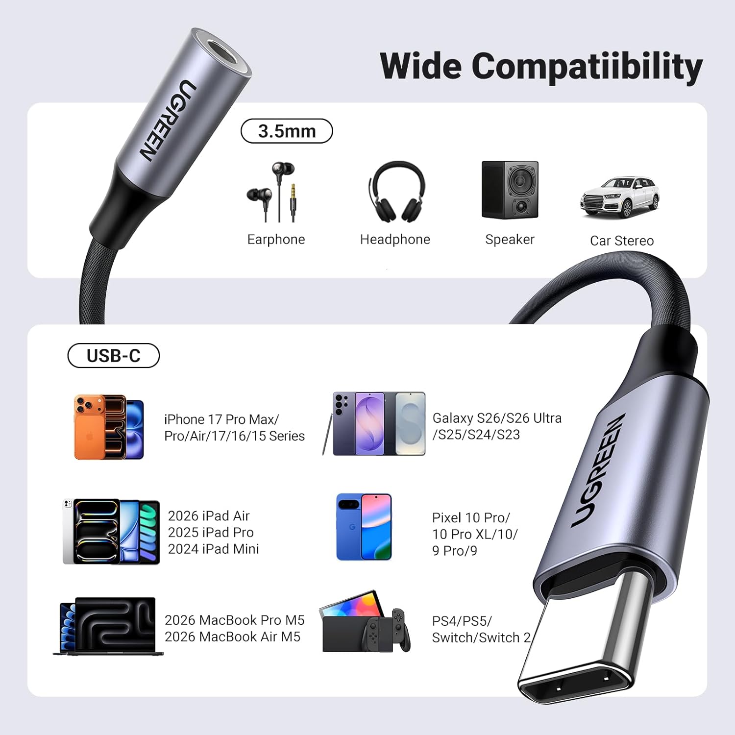 Thumbnail 6 de UGREEN USB-C to 3.5mm Jack 2 Pack DAC Hi-Fi Stereo Audio Adapter (Silver)