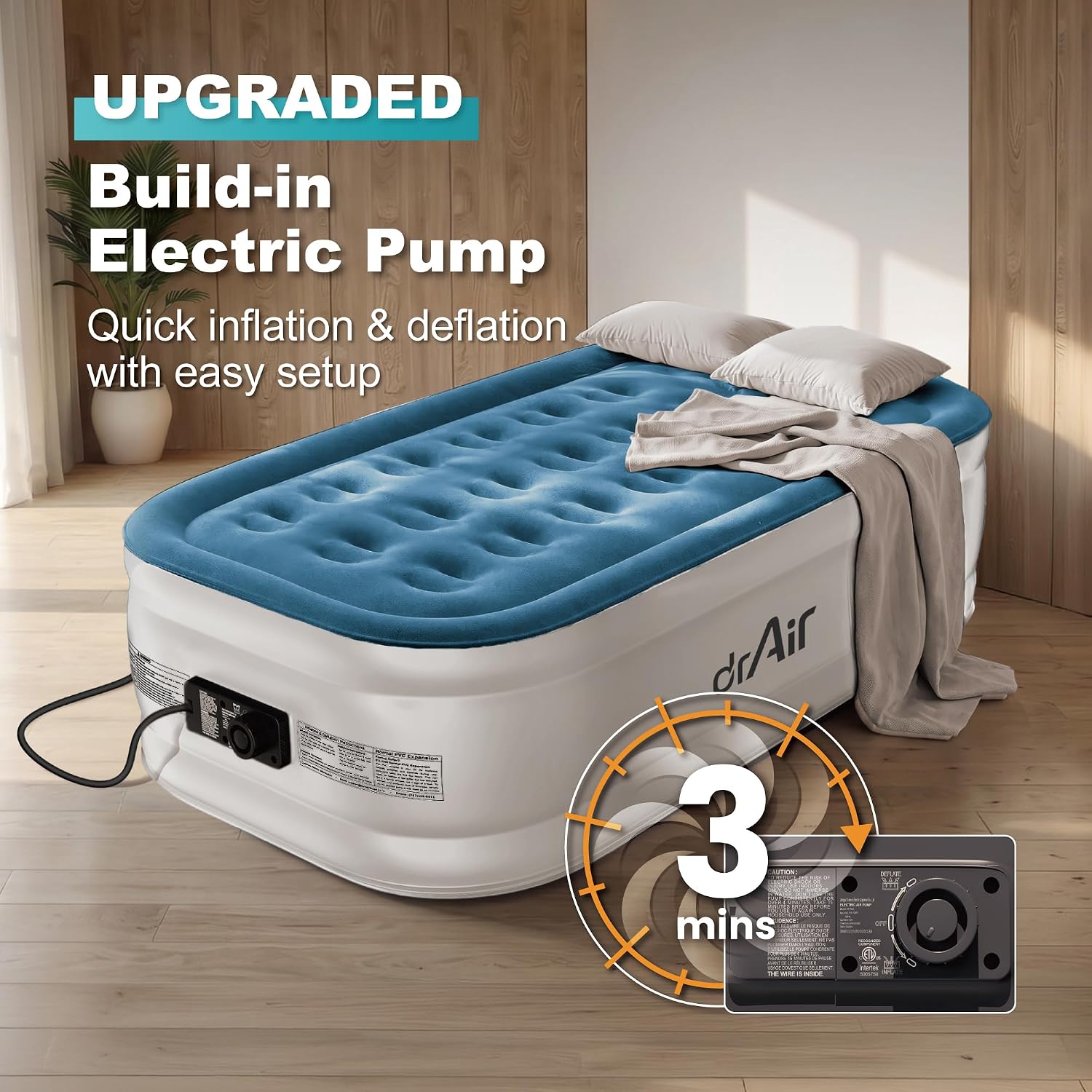 Detalle de Dr. Air DAC-OWT Twin Air Mattress with Built-In Pump, 18-Inch Raised