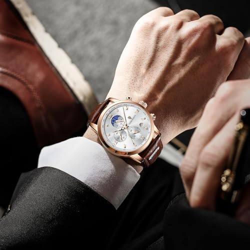 Detalle de LIGE Montre homme vintage chronographe, cuir, 3 ATM, cadran or et blanc