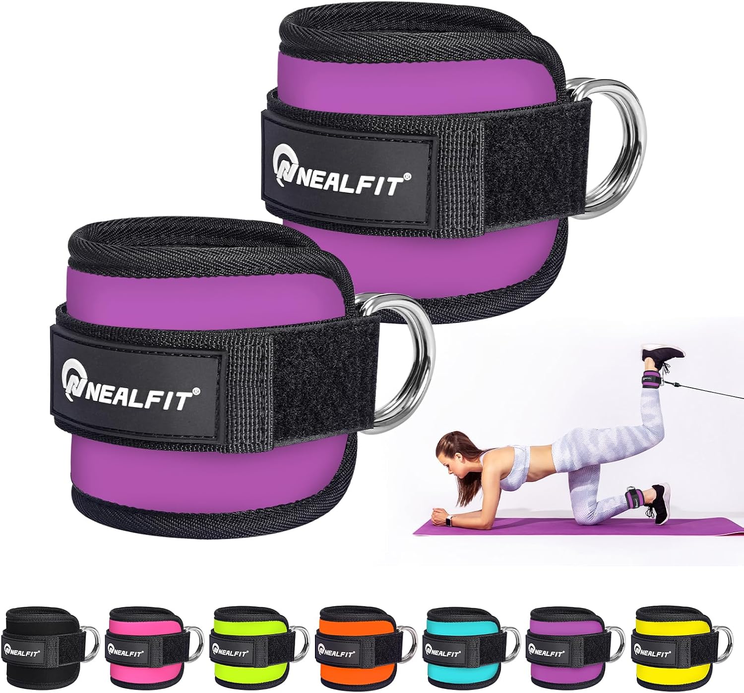 Detalle de NEALFIT Ankle Straps for Cable Machines, 7 mm Neoprene, Purple Pair