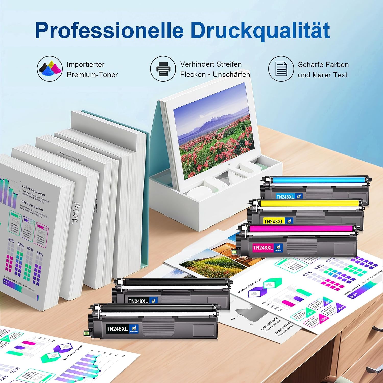 Detalle 2 de Denvoer TN248XL Tonerpatronen-Set (5er-Pack) kompatibel mit Brother TN248 – CMYK mit Chip