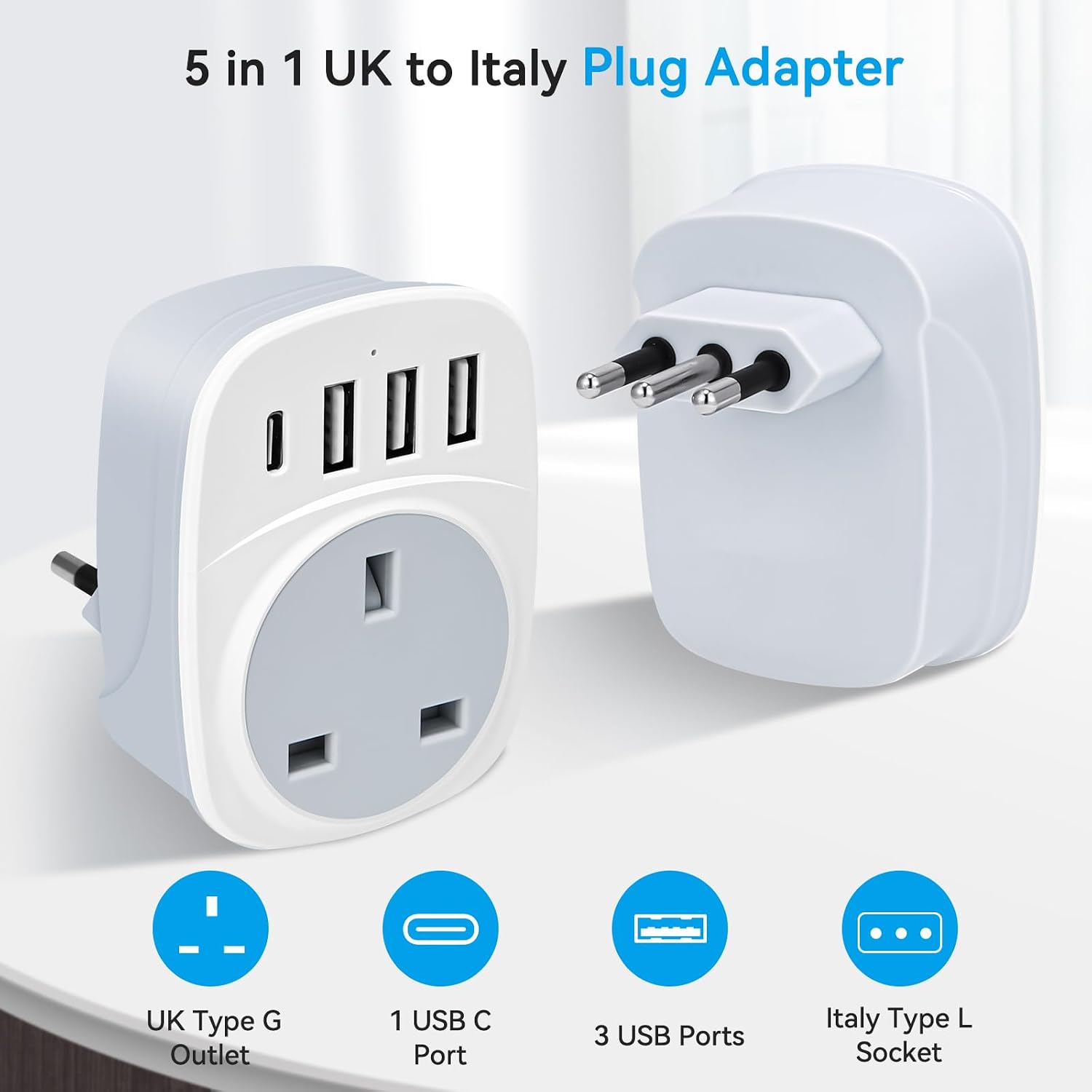 Detalle de SHUOMAO UK to Italy Travel Adapter with 4 USB Ports (Type L) – 17W USB-C Charger